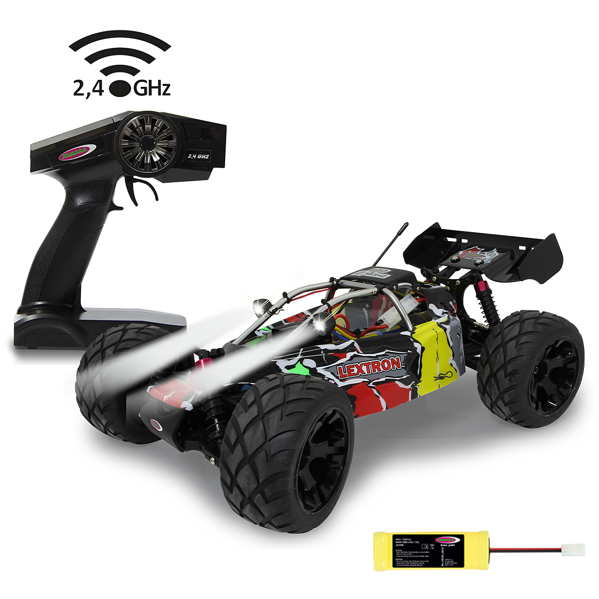 Ein ferngesteuertes Auto mit Lextron-Aufdruck, ein Controller und ein Akku.