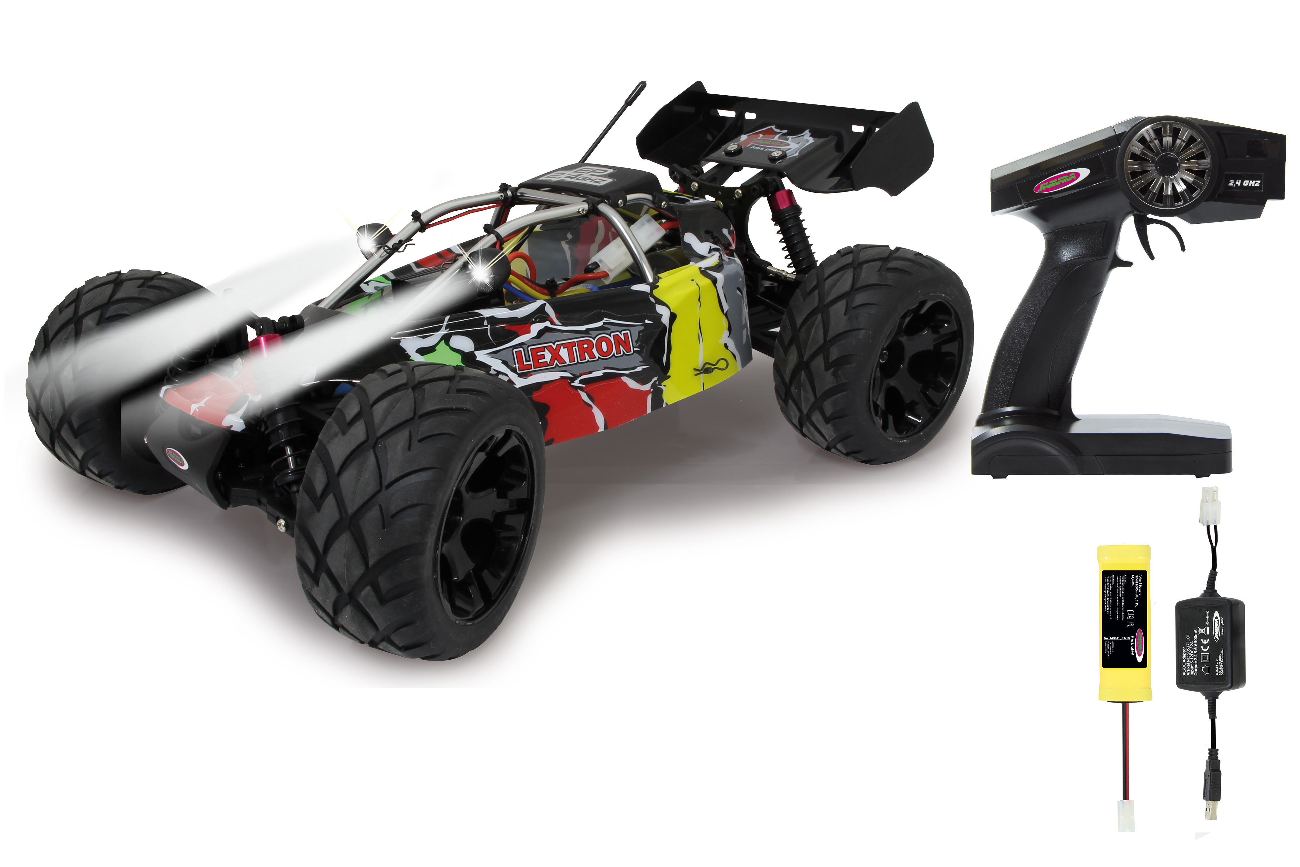 Ein RC-Buggy mit Fernbedienung, Akku und Ladegerät auf weißem Hintergrund.