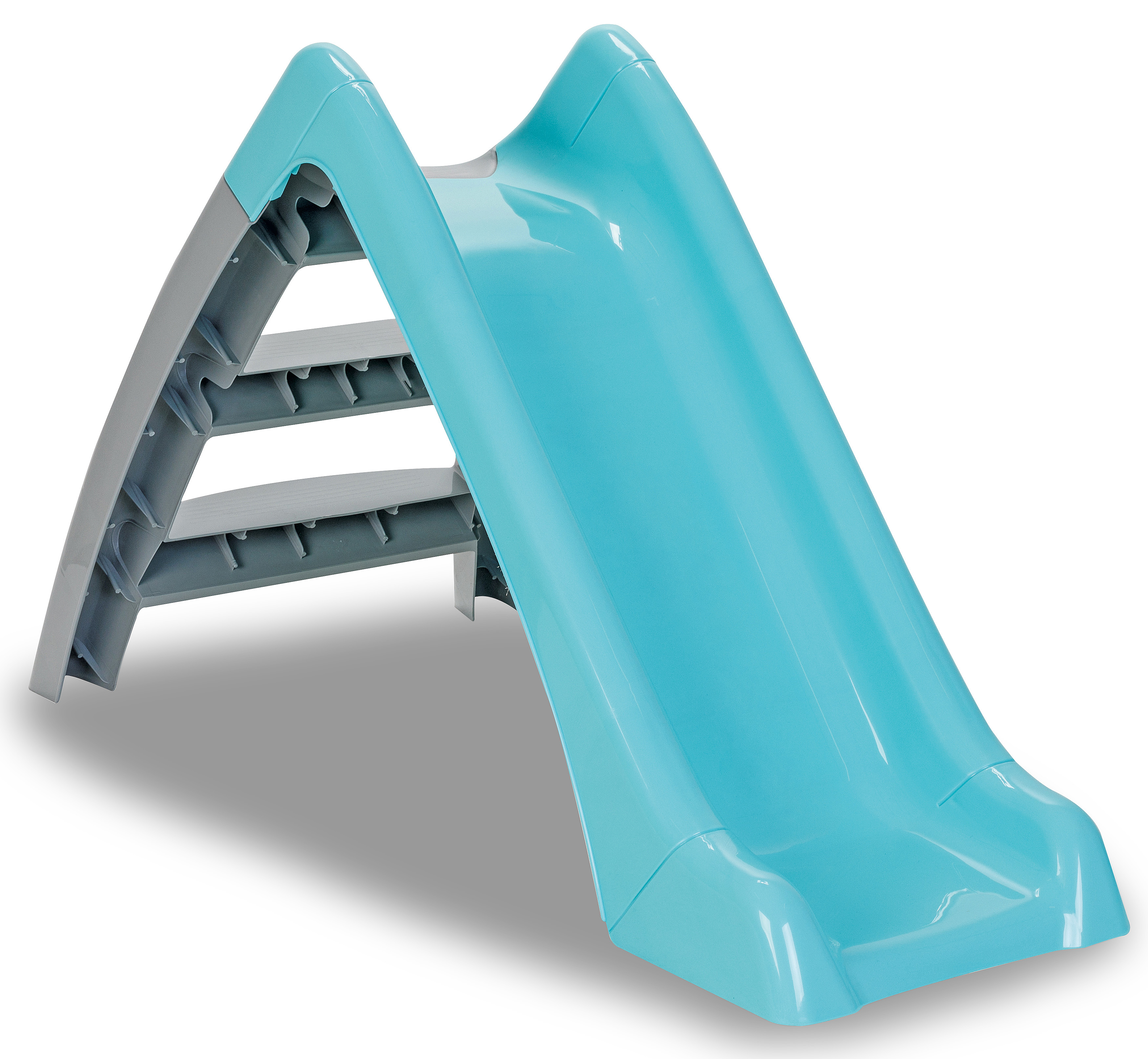 Uno scivolo per bambini blu e grigio con gradini.