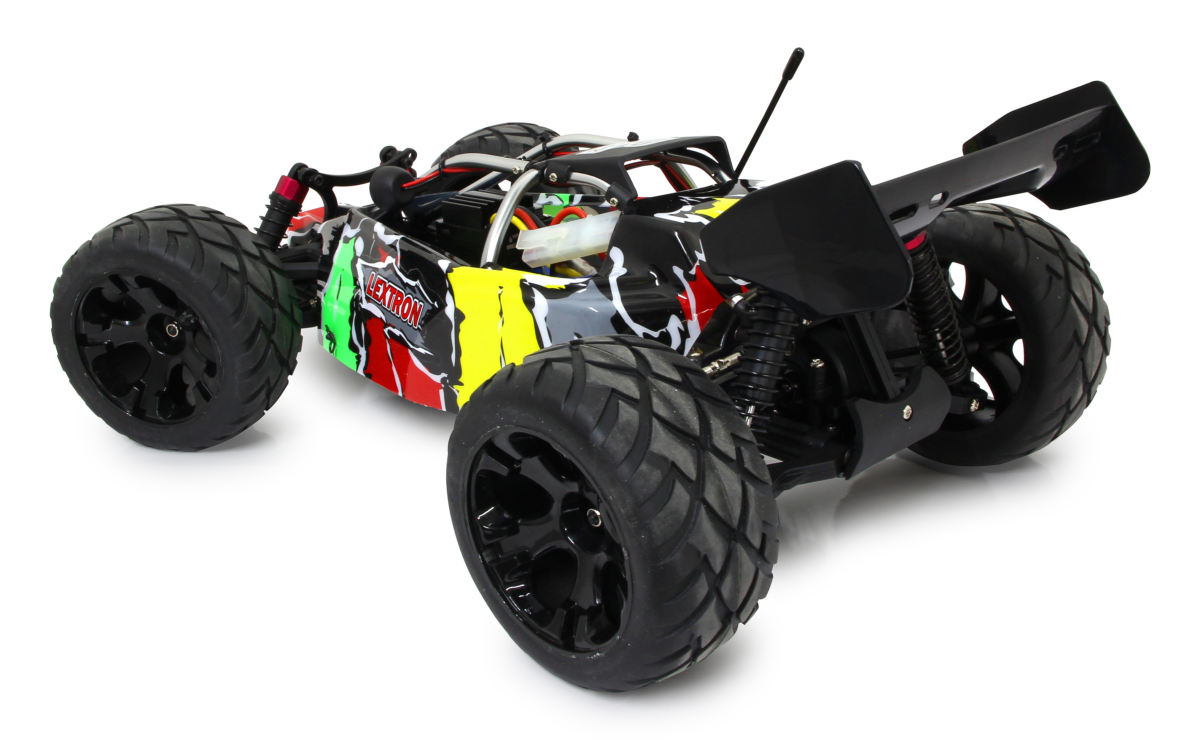 Ein bunter RC-Buggy mit großen Reifen und schwarzem Heckspoiler.