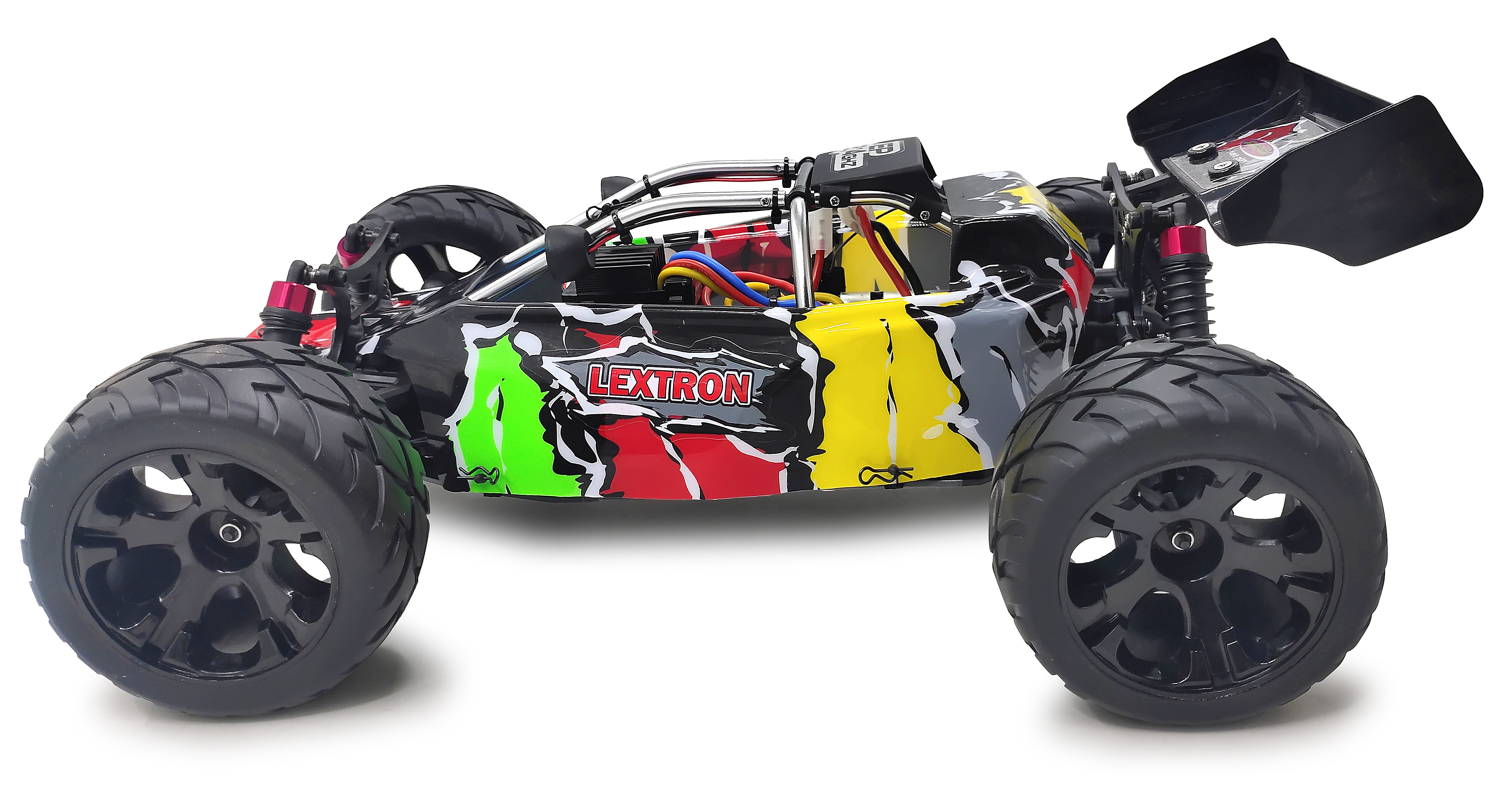Ein RC-Buggy mit schwarzem, rotem, gelbem und grauem Design. Er hat große Räder und einen Heckspoiler.