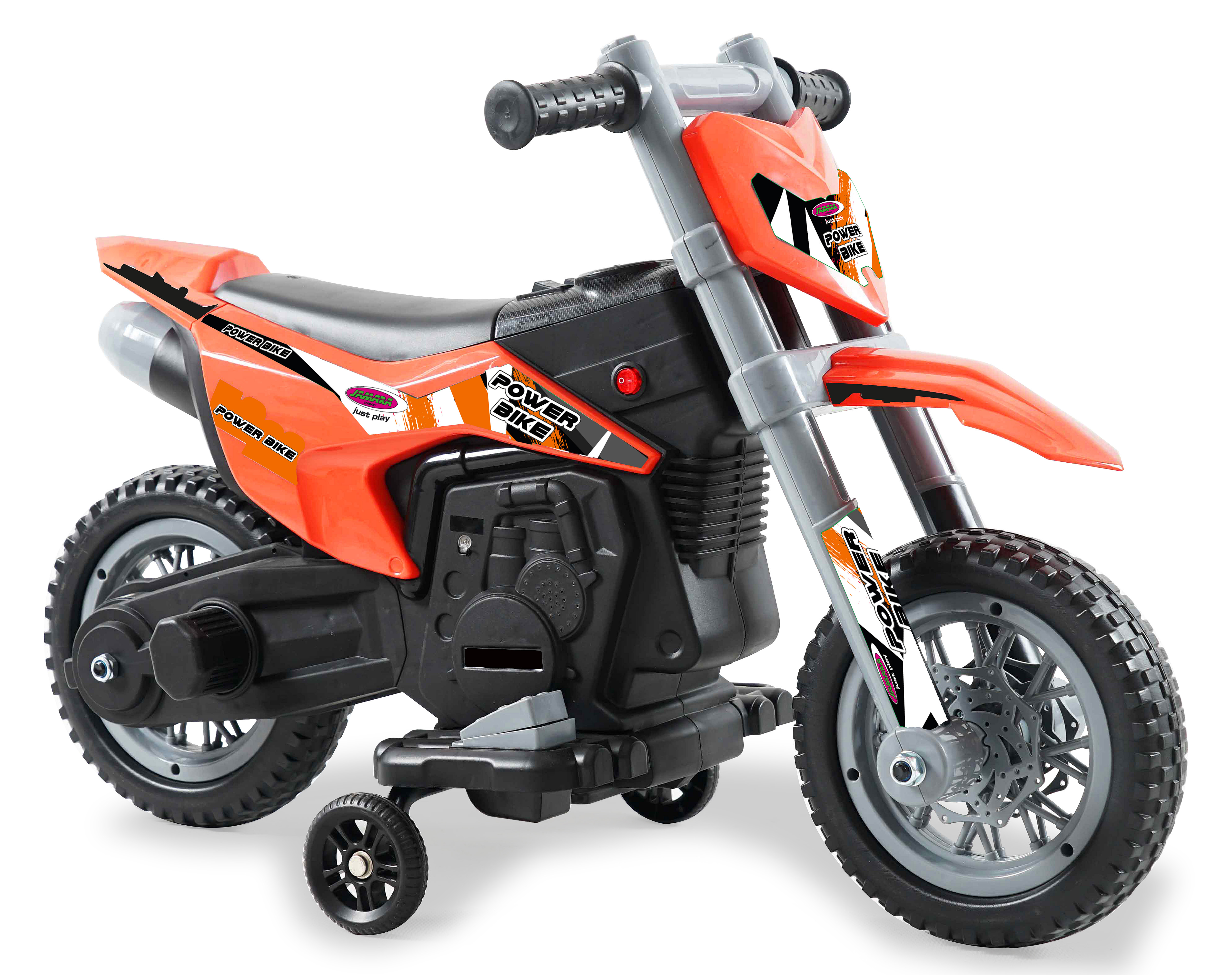 Ein orangefarbenes Spielzeug-Dirtbike mit Stützrädern und der Aufschrift "Power Bike".