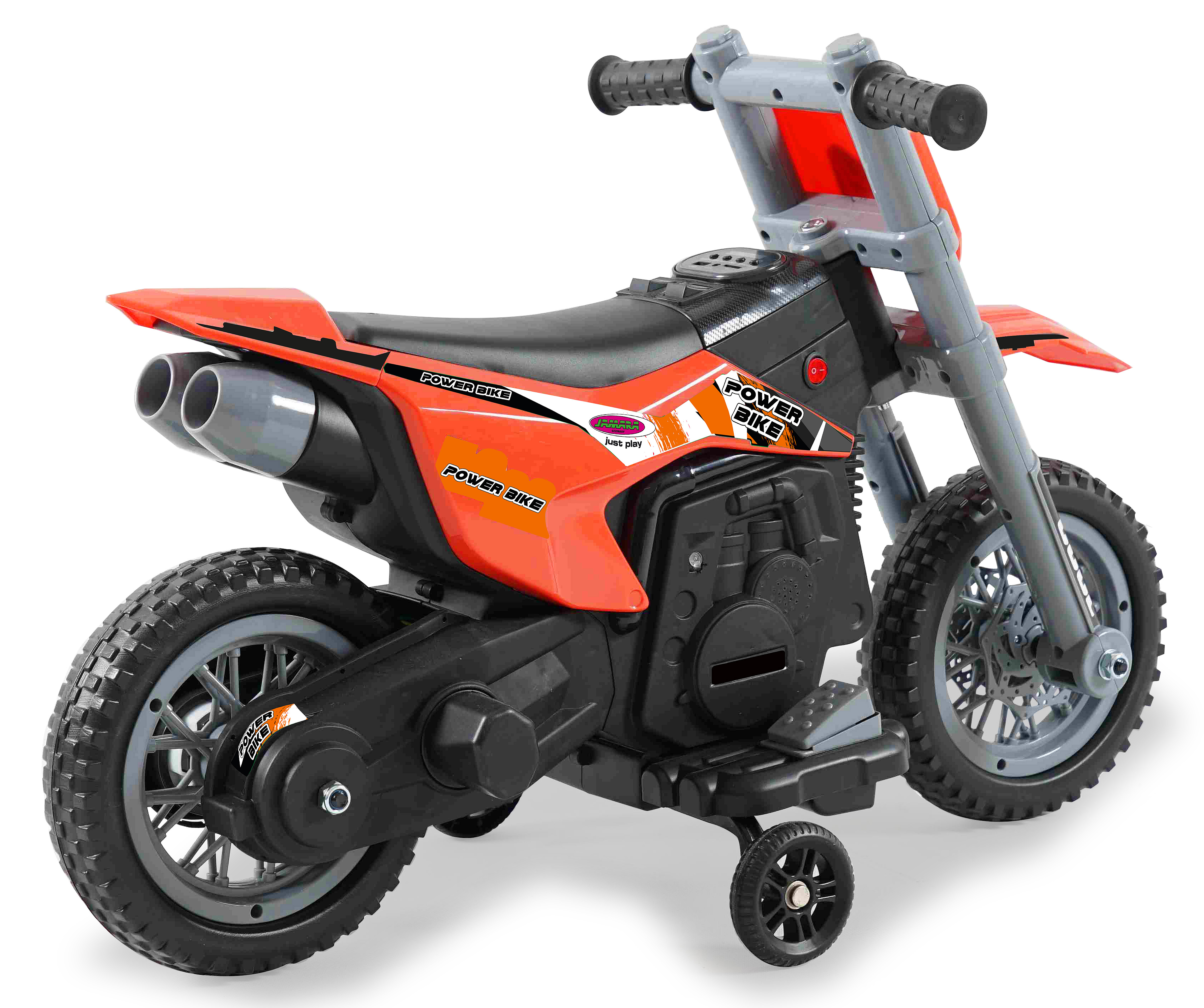 Ein orangefarbenes Spielzeug-Motorrad mit schwarzen und grauen Details und Stützrädern.