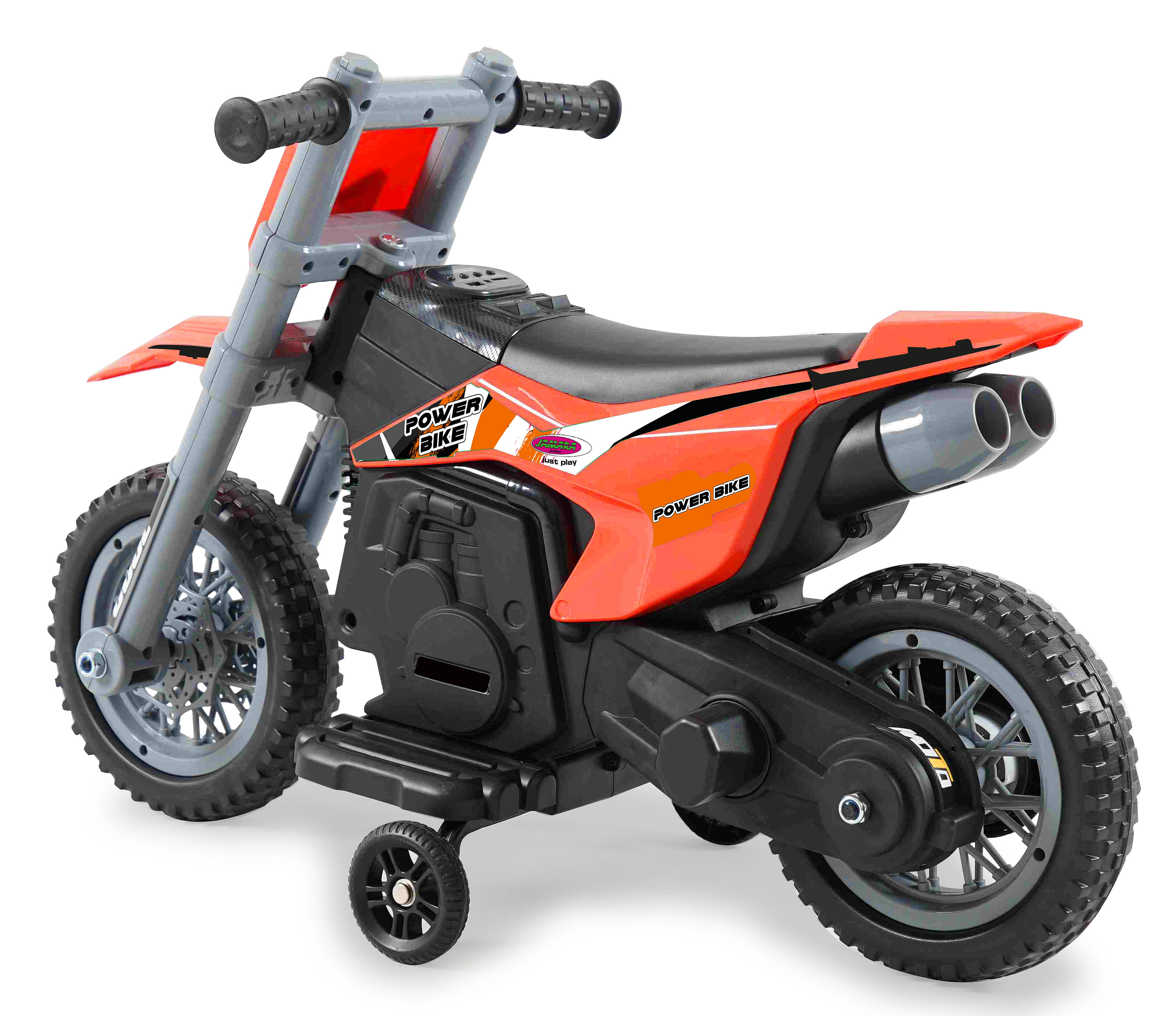 Ein orangefarbenes Spielzeugmotorrad mit Stützrädern auf weißem Hintergrund.
