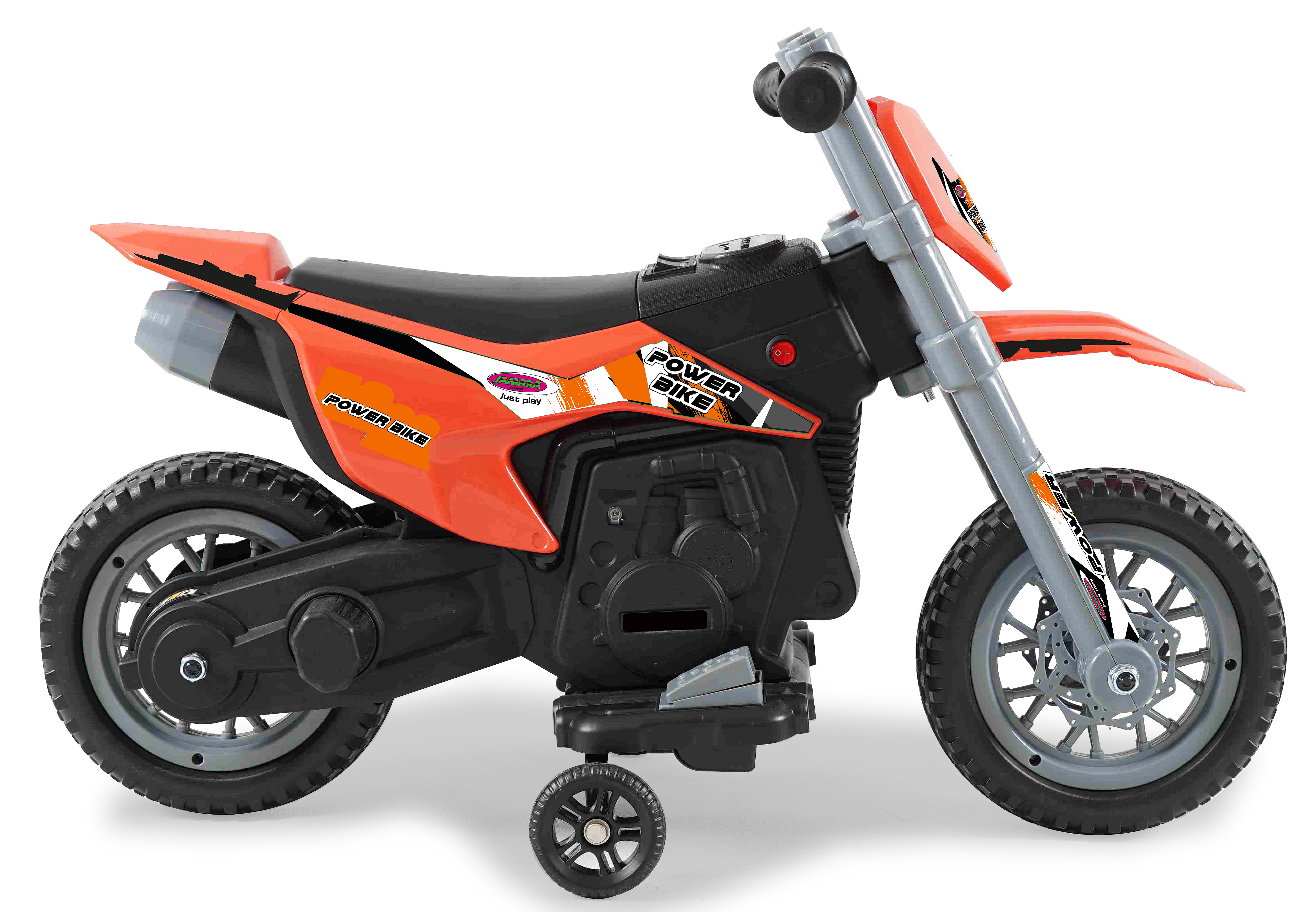 Ein orangefarbenes und schwarzes Spielzeugmotorrad mit Stützrädern.