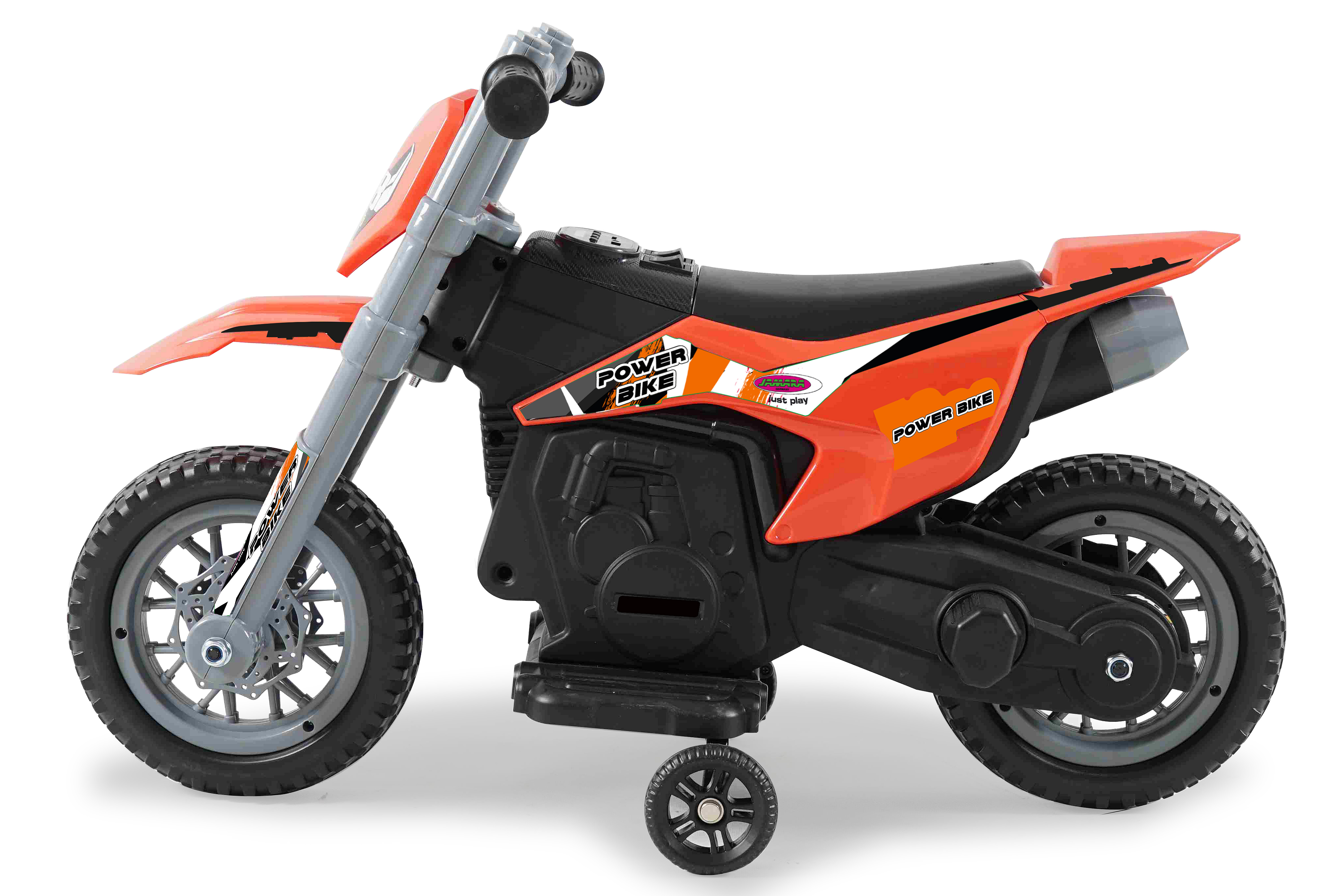 Ein orangefarbenes Kinder-Motorrad mit schwarzem Sitz und Stützrädern.