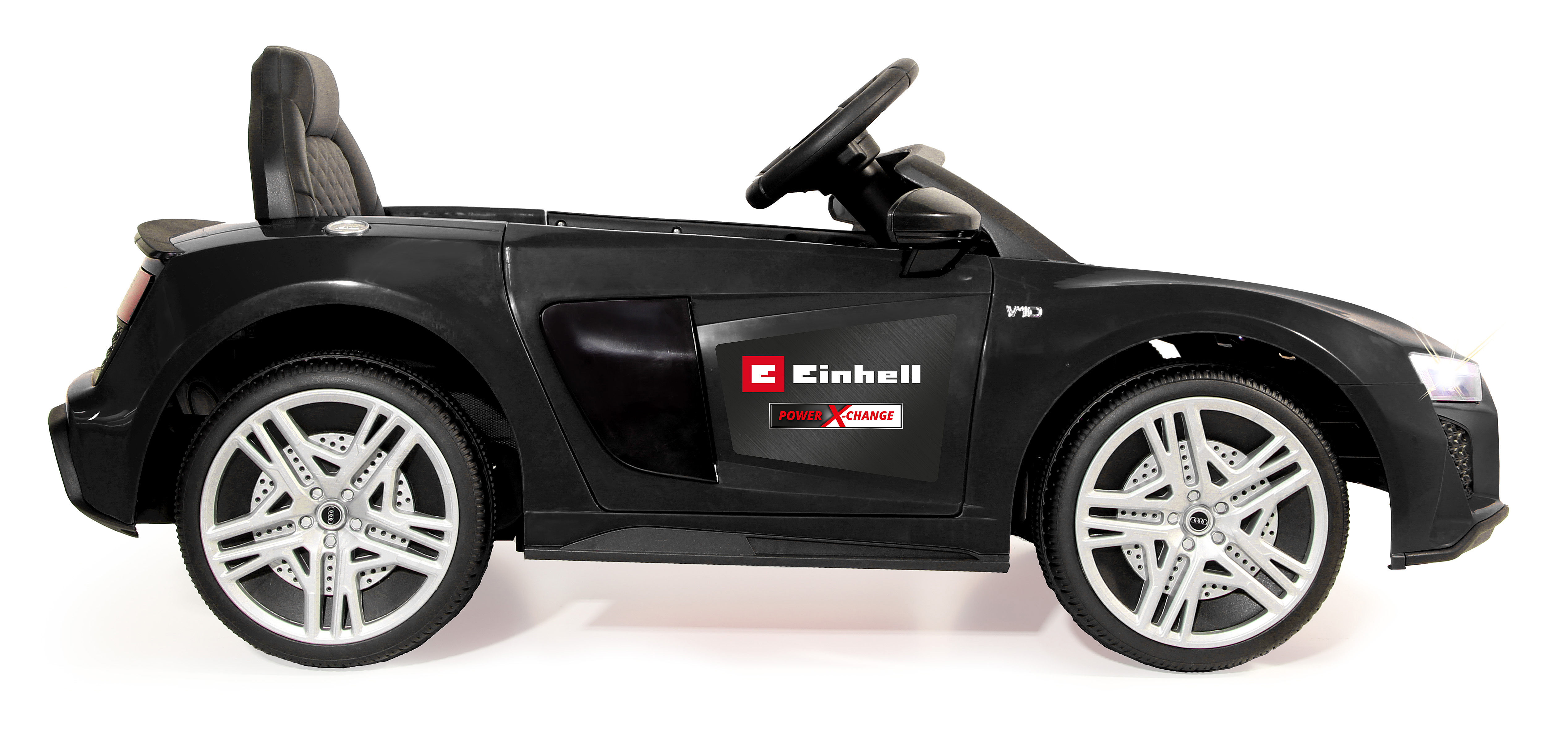 Schwarzes Kinderauto mit silbernen Felgen und Einhell-Logo auf der Tür.