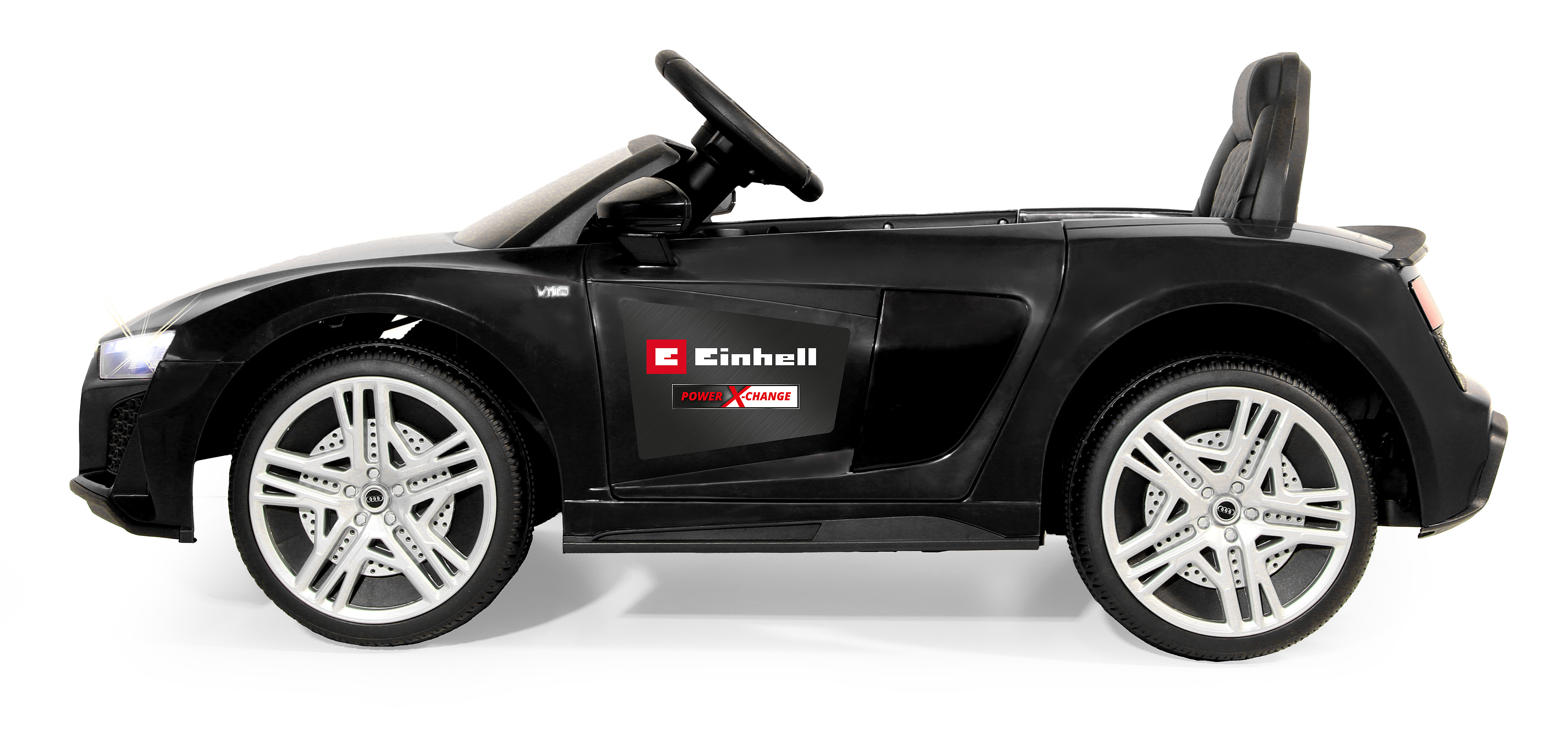 Schwarzes Elektroauto für Kinder mit Einhell-Logo, silbernen Felgen und Licht.