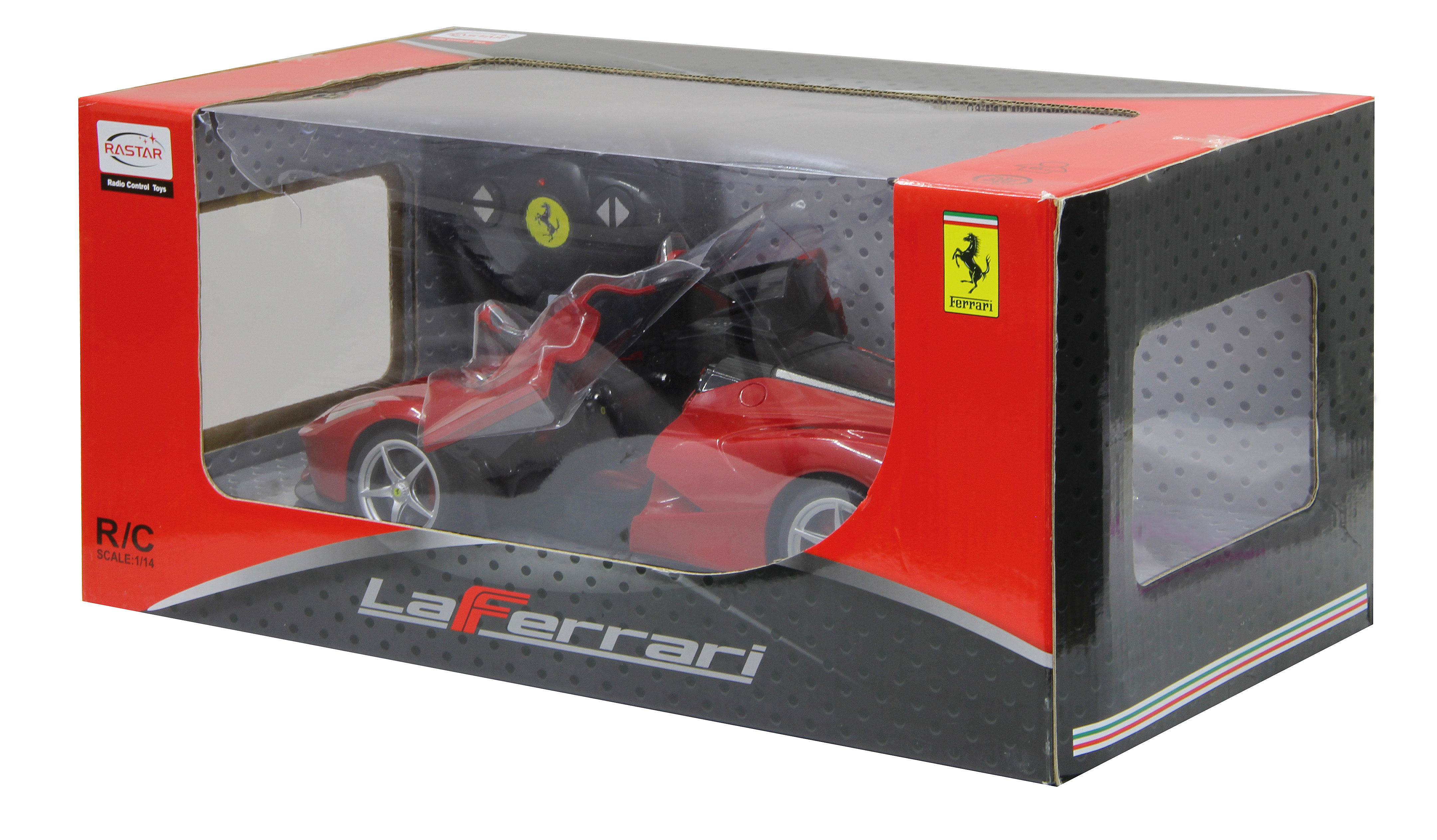 Red remote control toy car packaging with Ferrari logo and "LaFerrari" branding.
