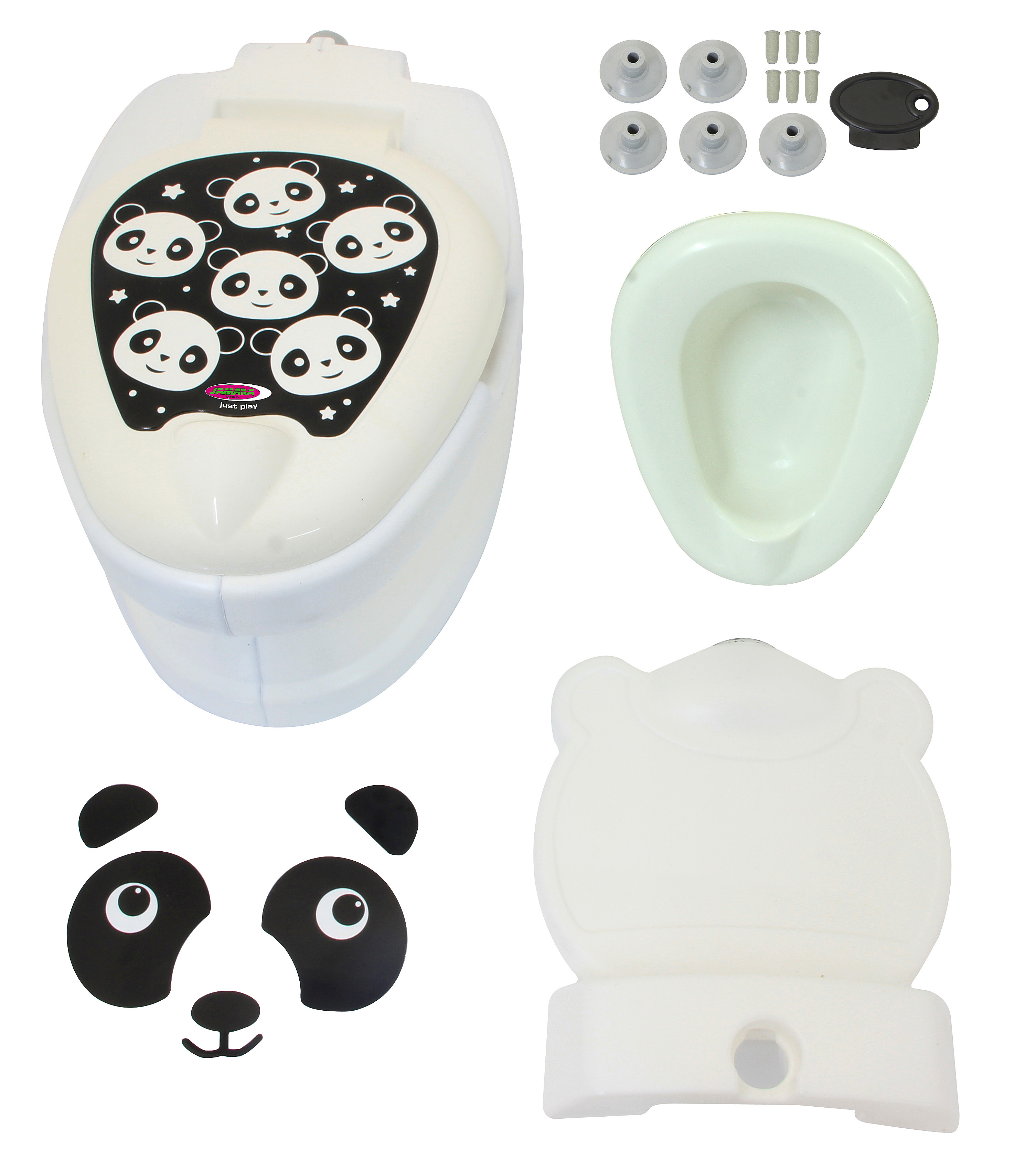 Baby-Töpfchen mit Panda-Motiv, Sitzring, Aufkleber und Zubehör.