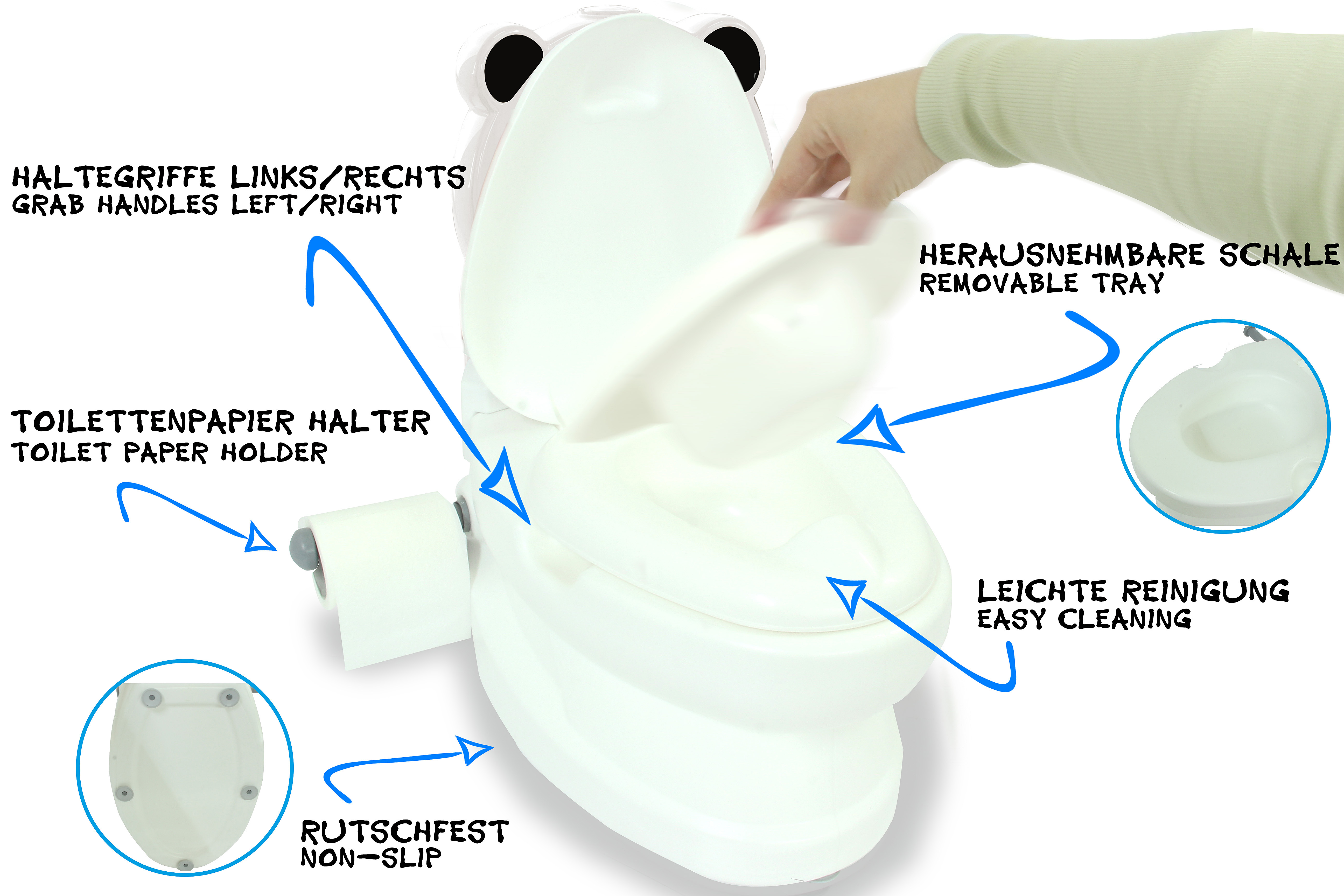 Ein weißer Toilettensitz mit abnehmbarem Fach und Toilettenpapierhalter.