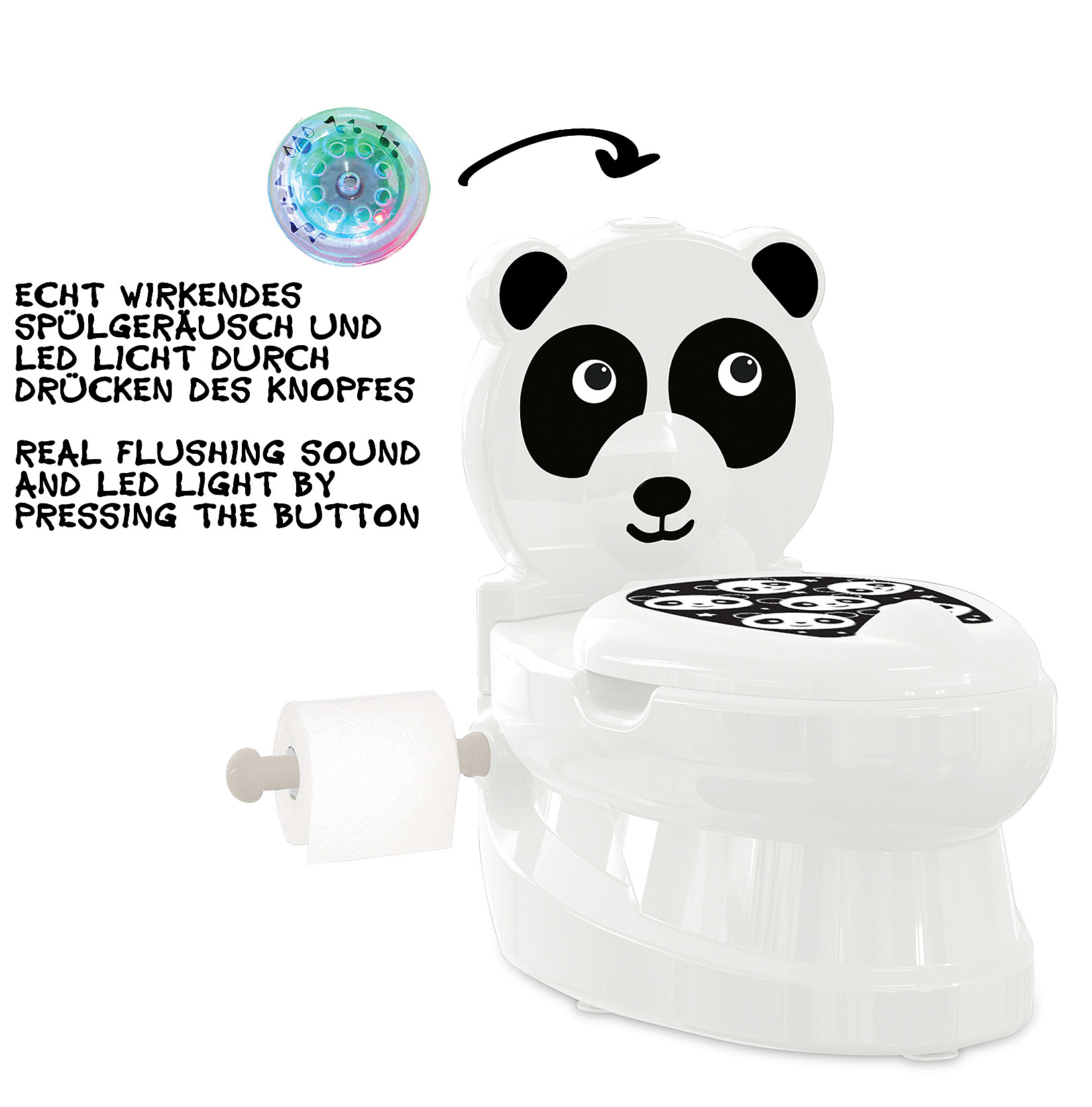 Ein weißes Töpfchen in Panda-Form mit Spülgeräusch und LED-Licht.