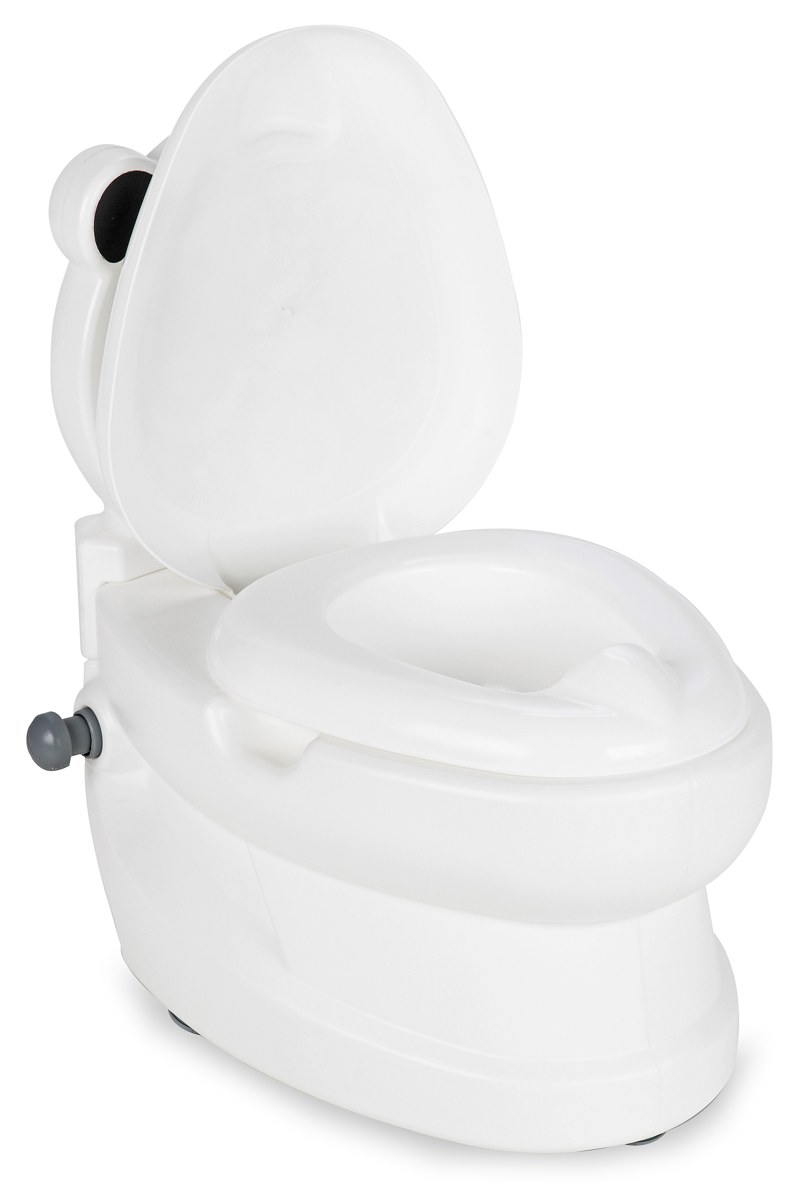 Ein weißer Kinder-Toilettensitz mit offenem Deckel und einem grauen Knopf.