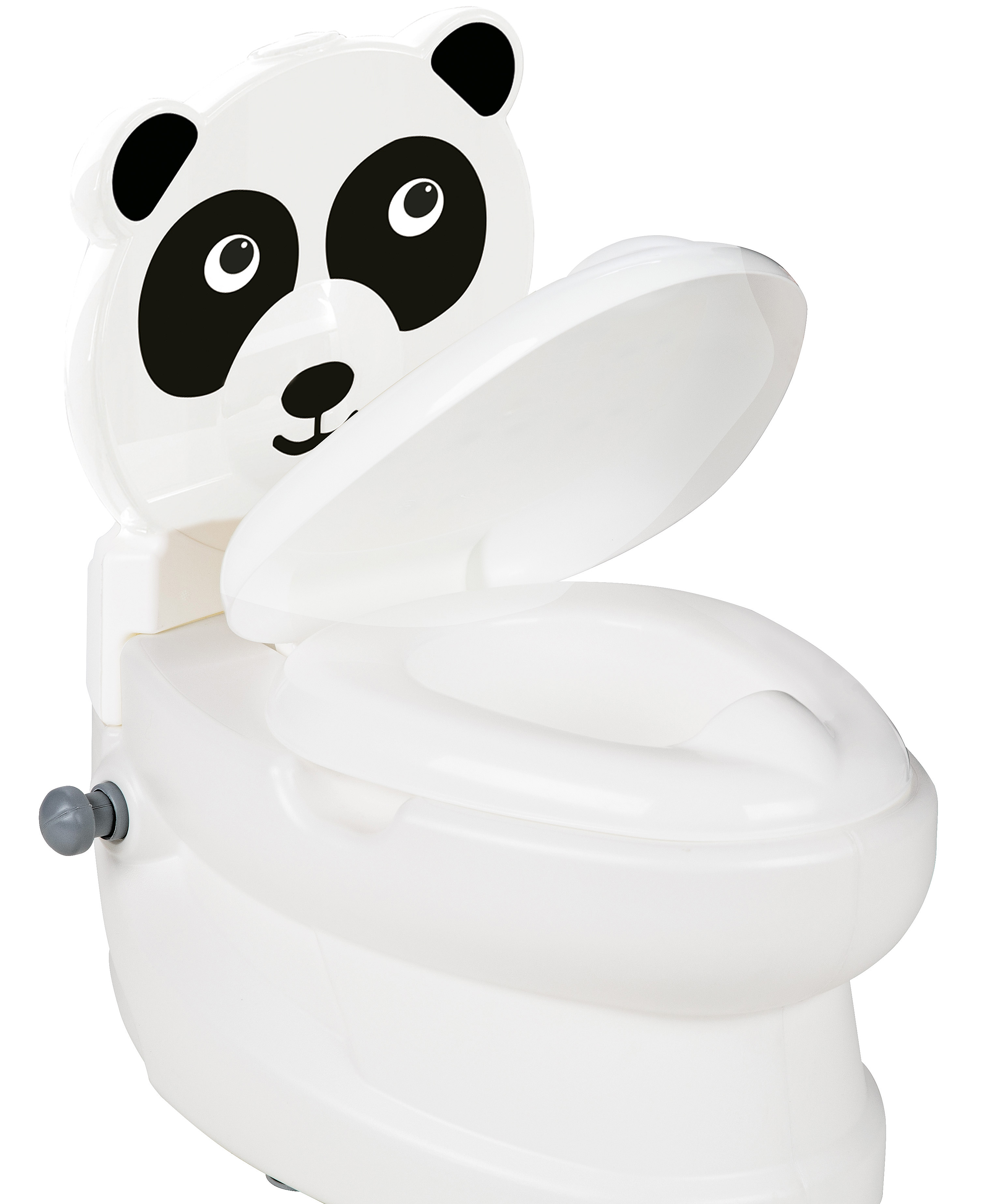 Ein weißer Kindertopf mit Panda-Gesicht. Der Deckel ist geöffnet.