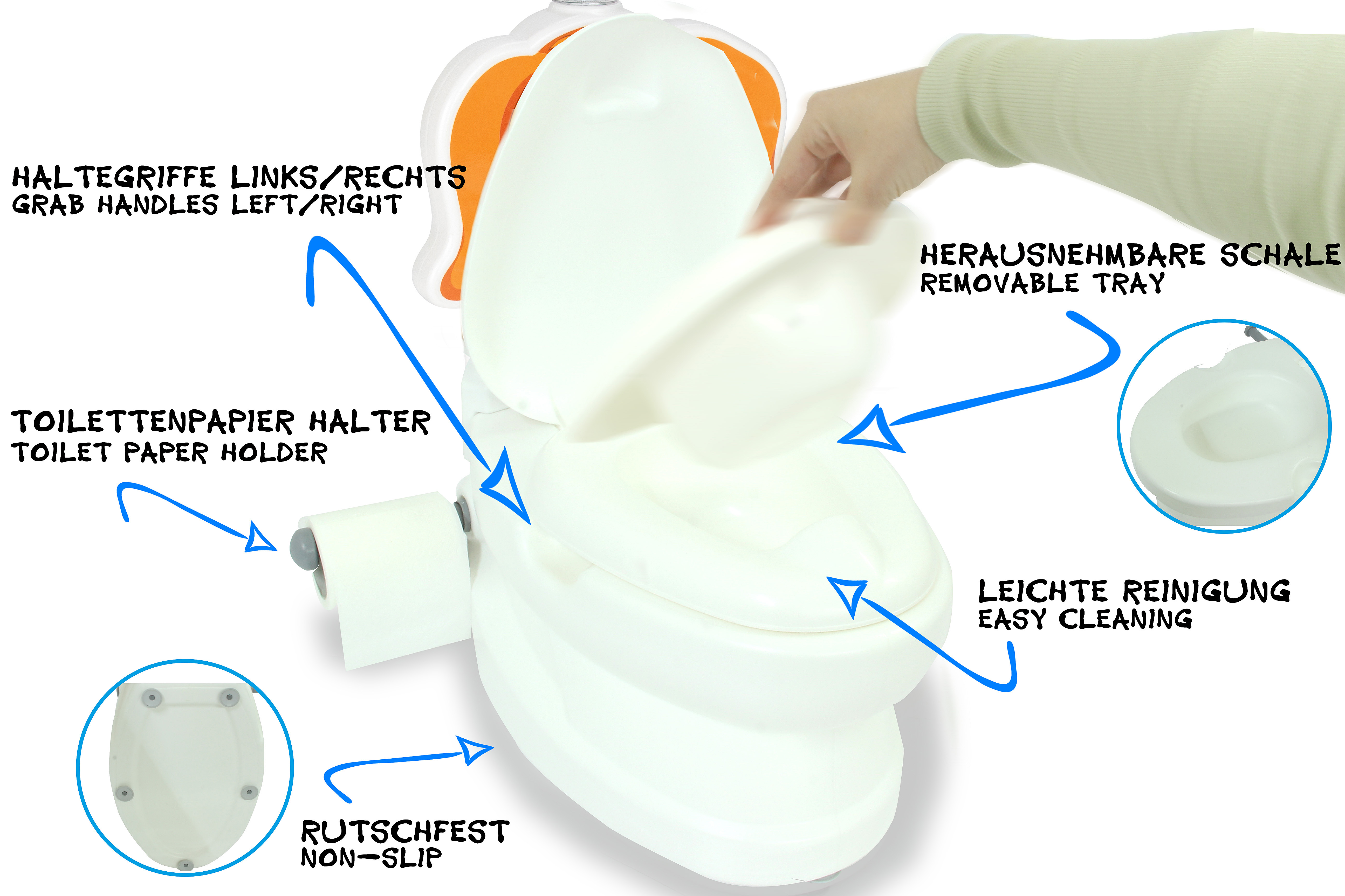 Ein weißer tragbarer Toilettensitz mit Griffen, Papiertuchhalter und abnehmbarer Schale.