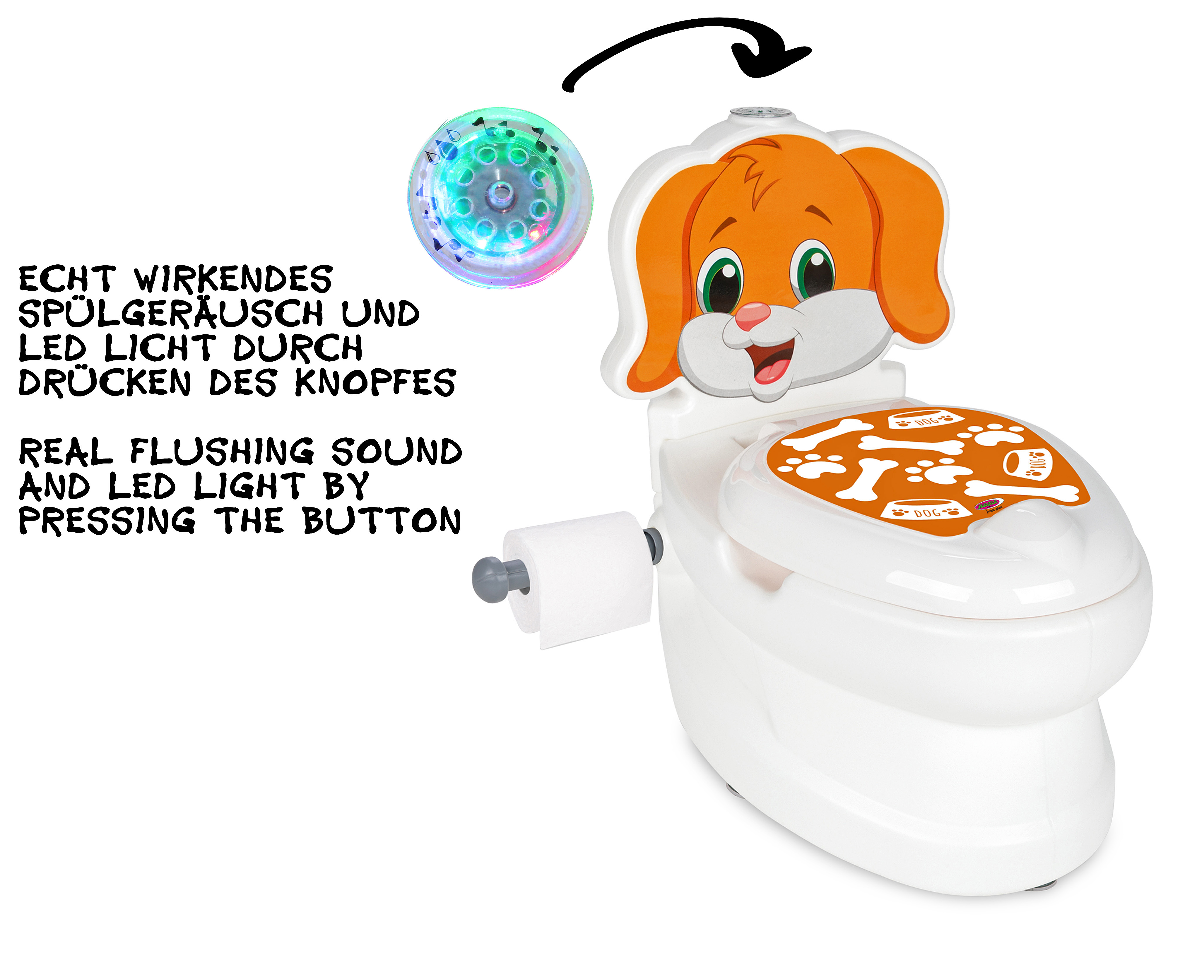 Ein weißes Kindertöpfchen mit Hundegesicht und Knochenaufdruck.