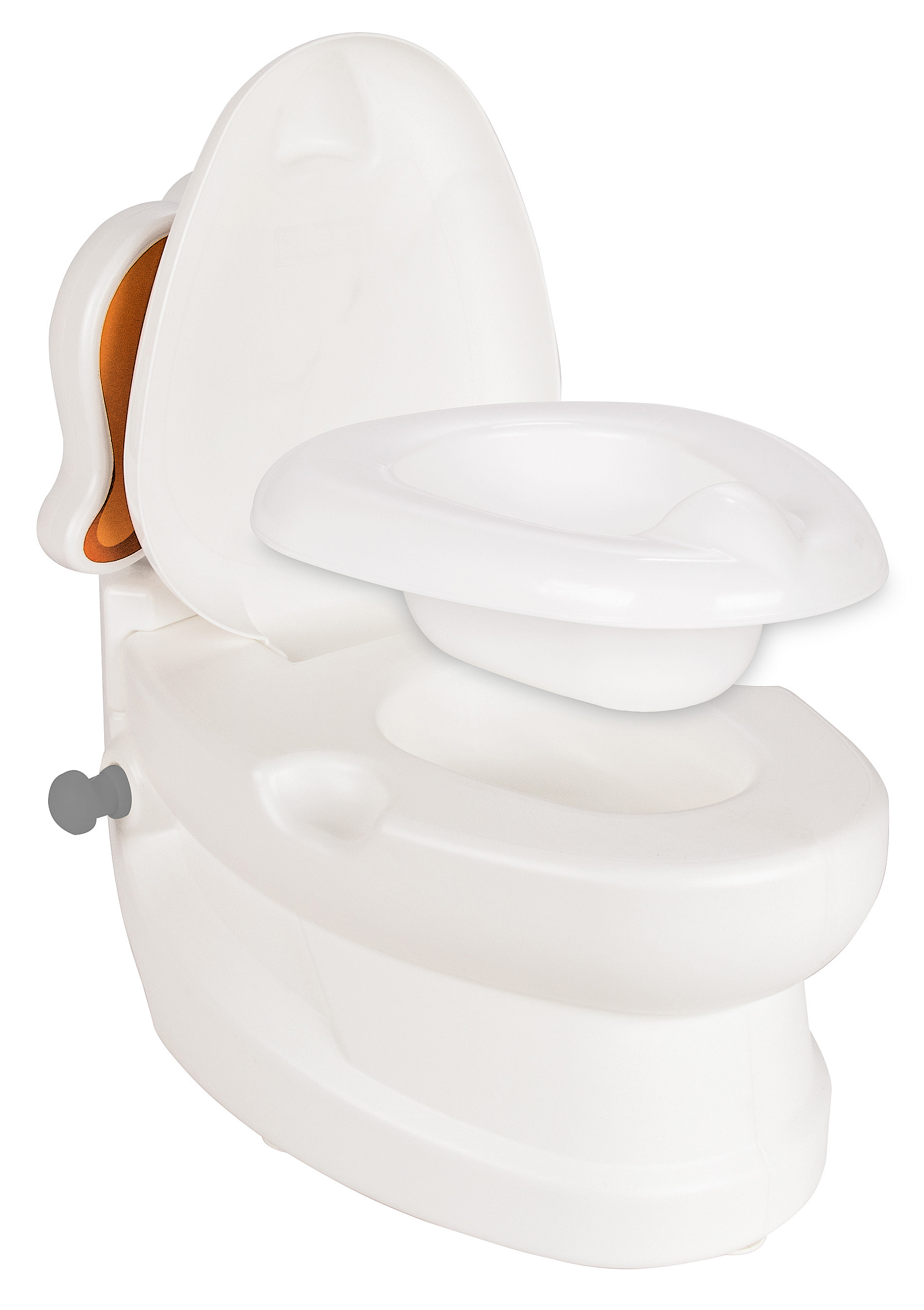 Ein weißer Toilettensitz-Aufsatz mit orangefarbener Rückenlehne und Griff.