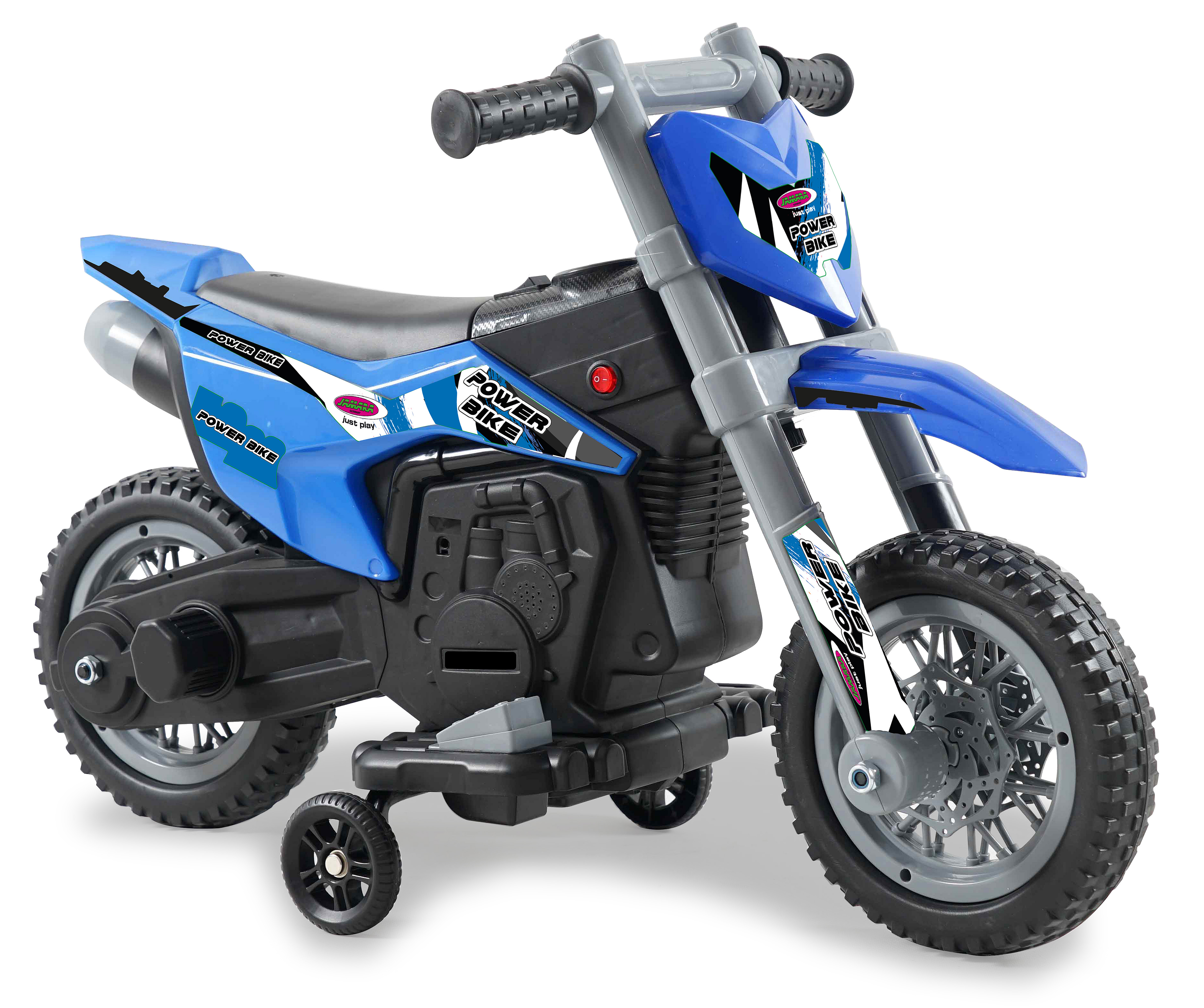Ein blaues Spielzeug-Motorrad mit Stützrädern und Aufklebern.