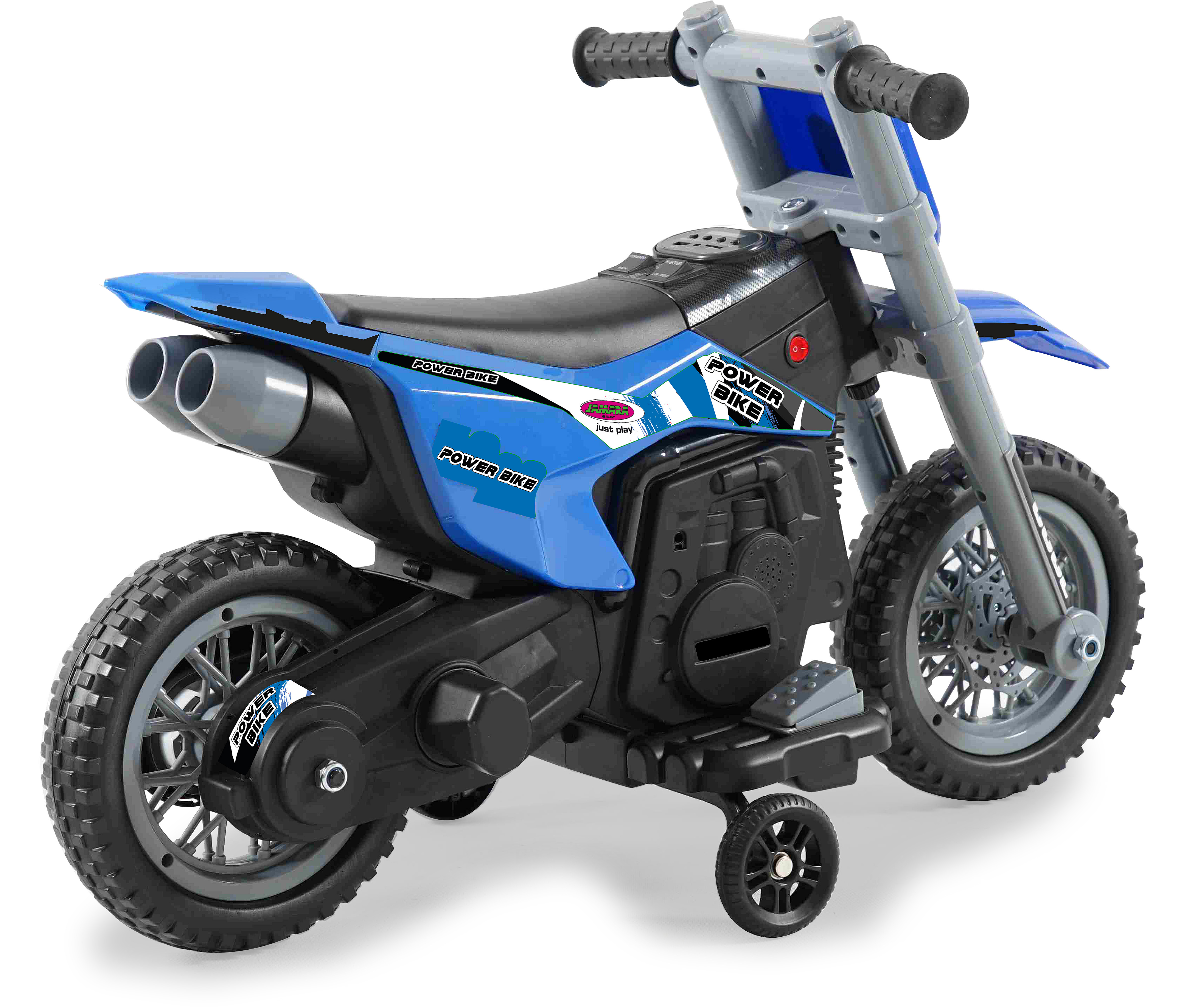 Ein blaues Spielzeugmotorrad mit Stützrädern und Griffen.