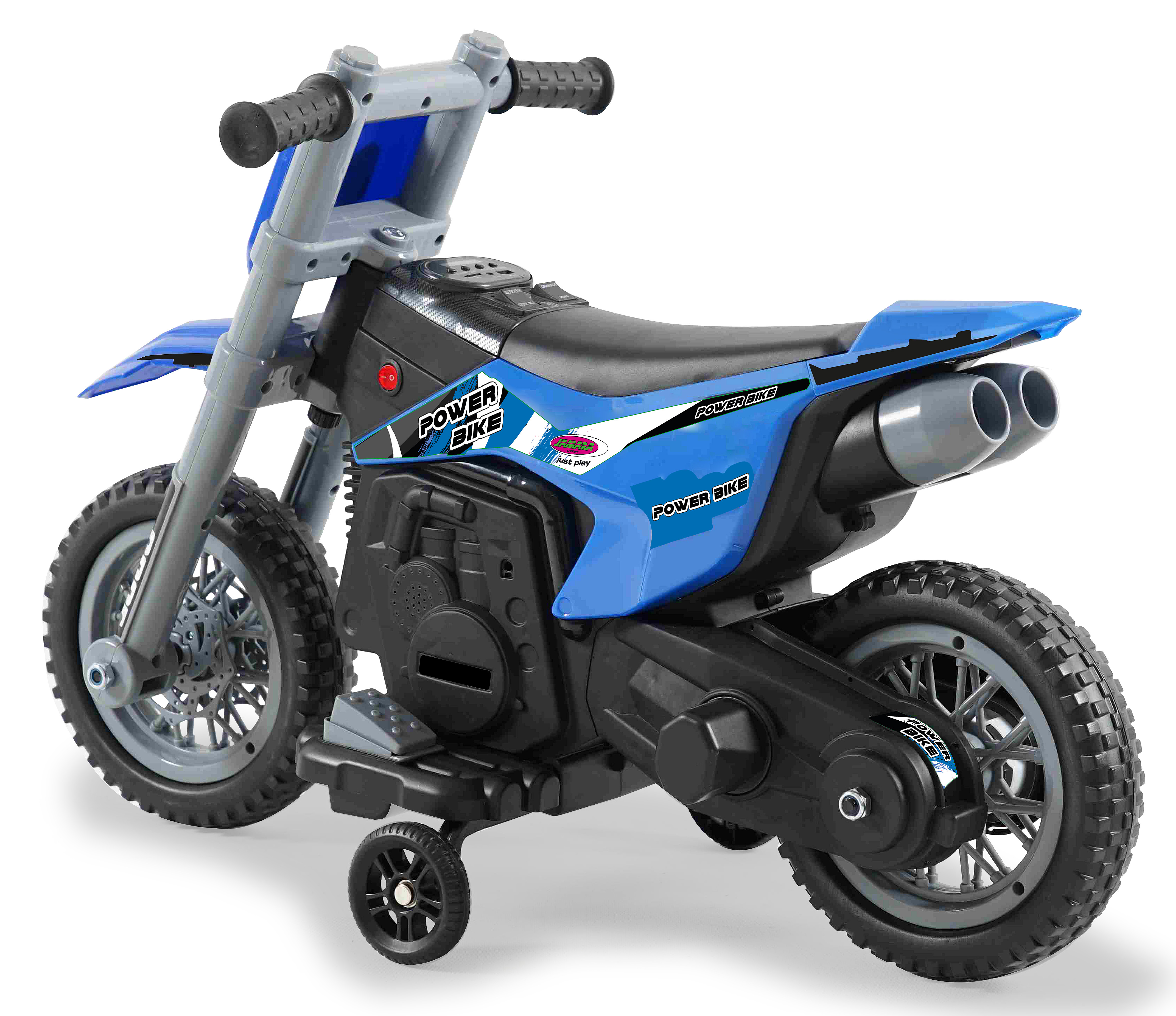 Ein blaues Spielzeug-Motorrad mit Stützrädern, auf weißem Hintergrund.