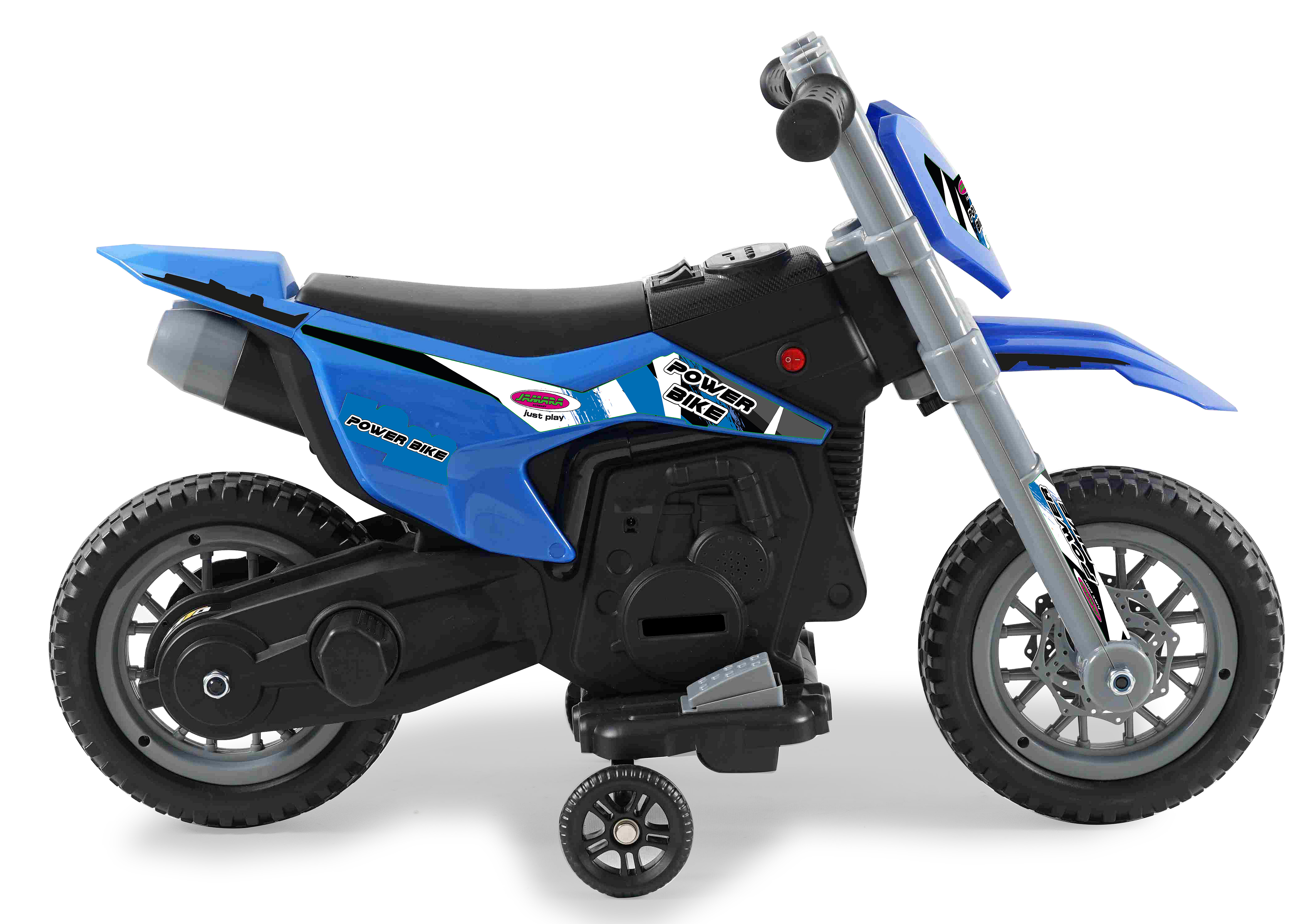 Ein blaues Kinder-Motorrad mit Stützrädern, schwarzen Akzenten und Aufklebern.
