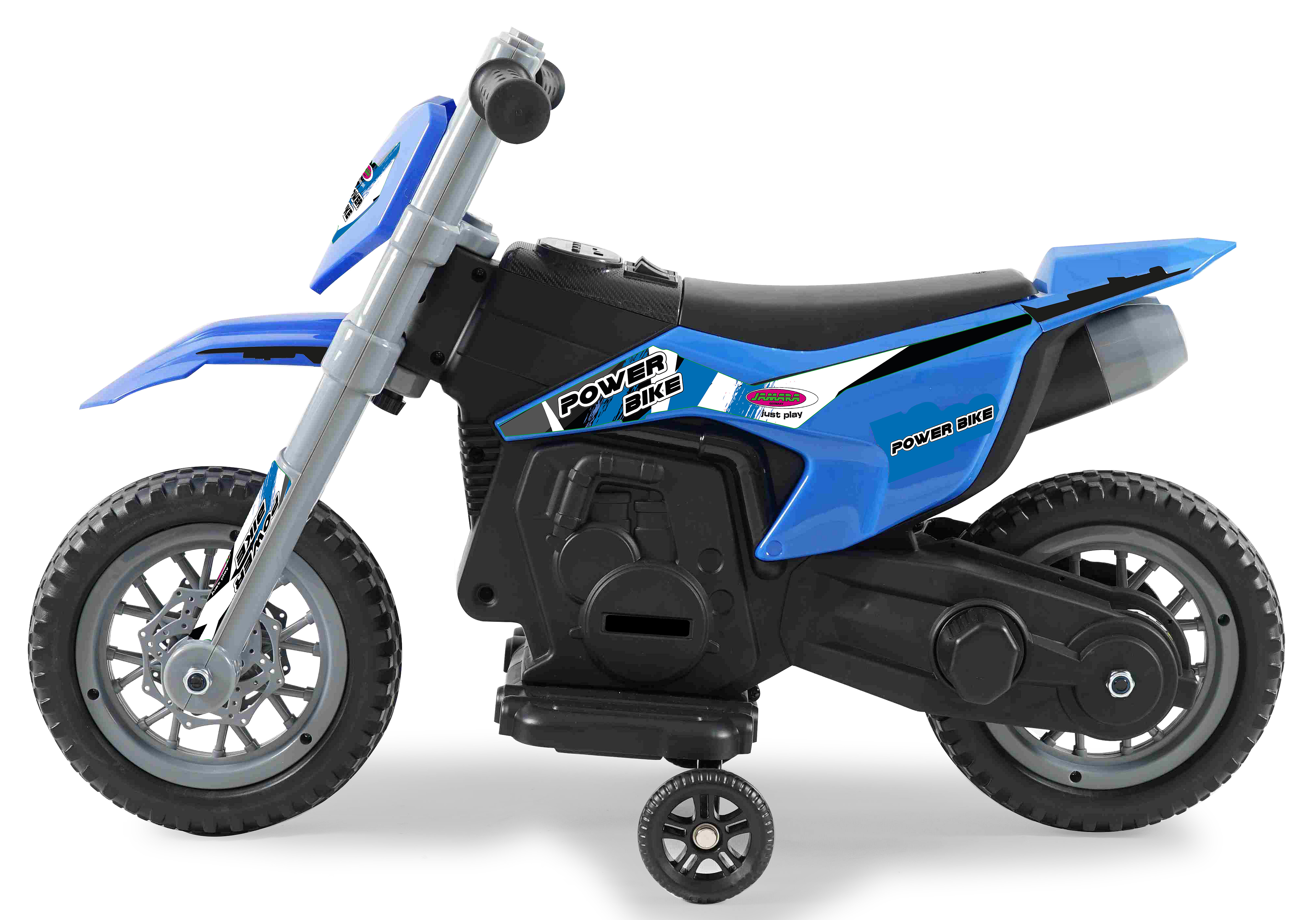Ein blaues Spielzeugmotorrad mit Stützrädern auf weißem Hintergrund.
