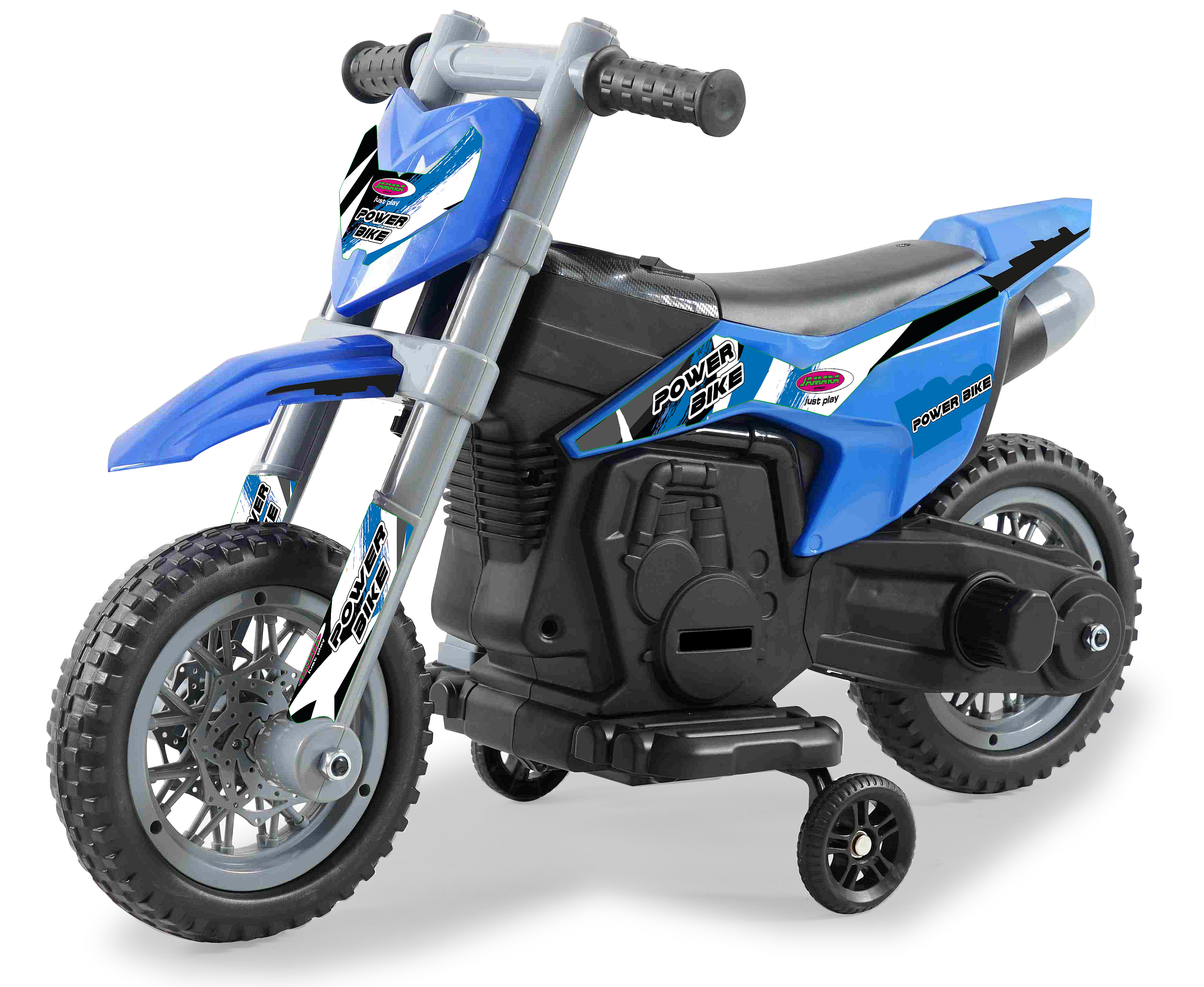 Ein blaues Kindermotorrad mit Stützrädern und "Power Bike"-Aufklebern.