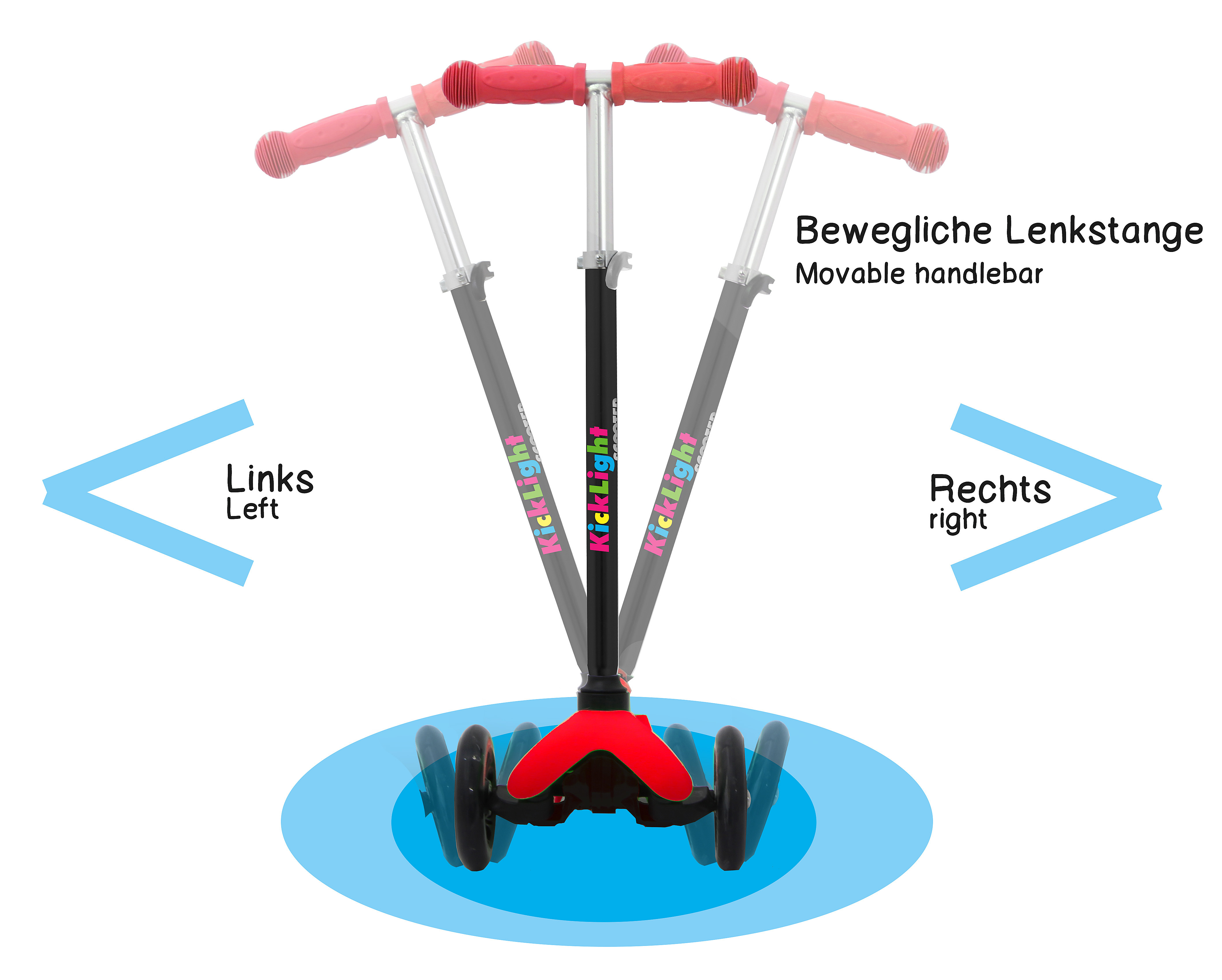 Ein dreirädriger Roller mit beweglicher Lenkstange, die nach links und rechts zeigt.