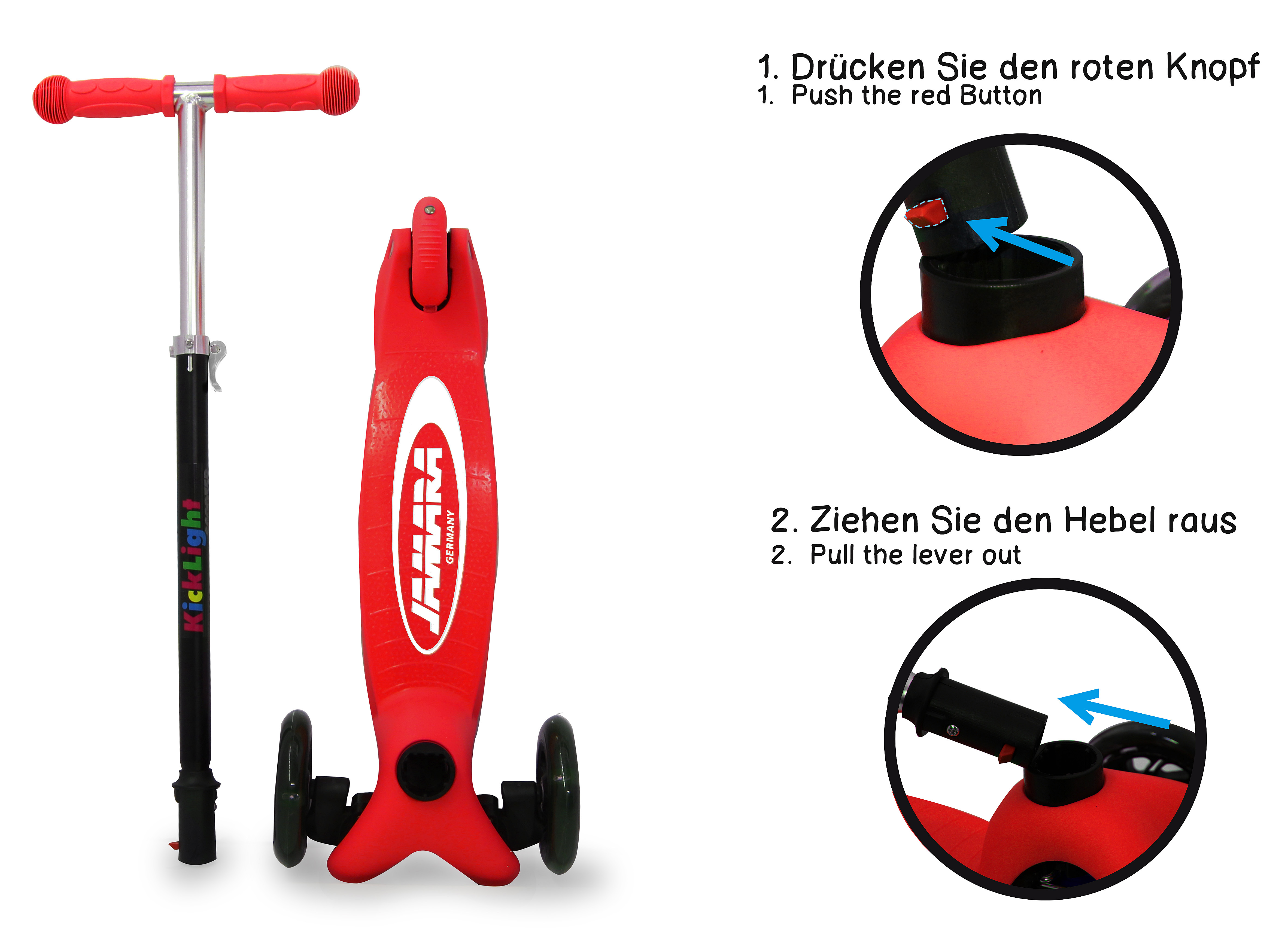 Ein roter Dreirad-Roller mit silbernem Lenker und Anleitungsbildern.
