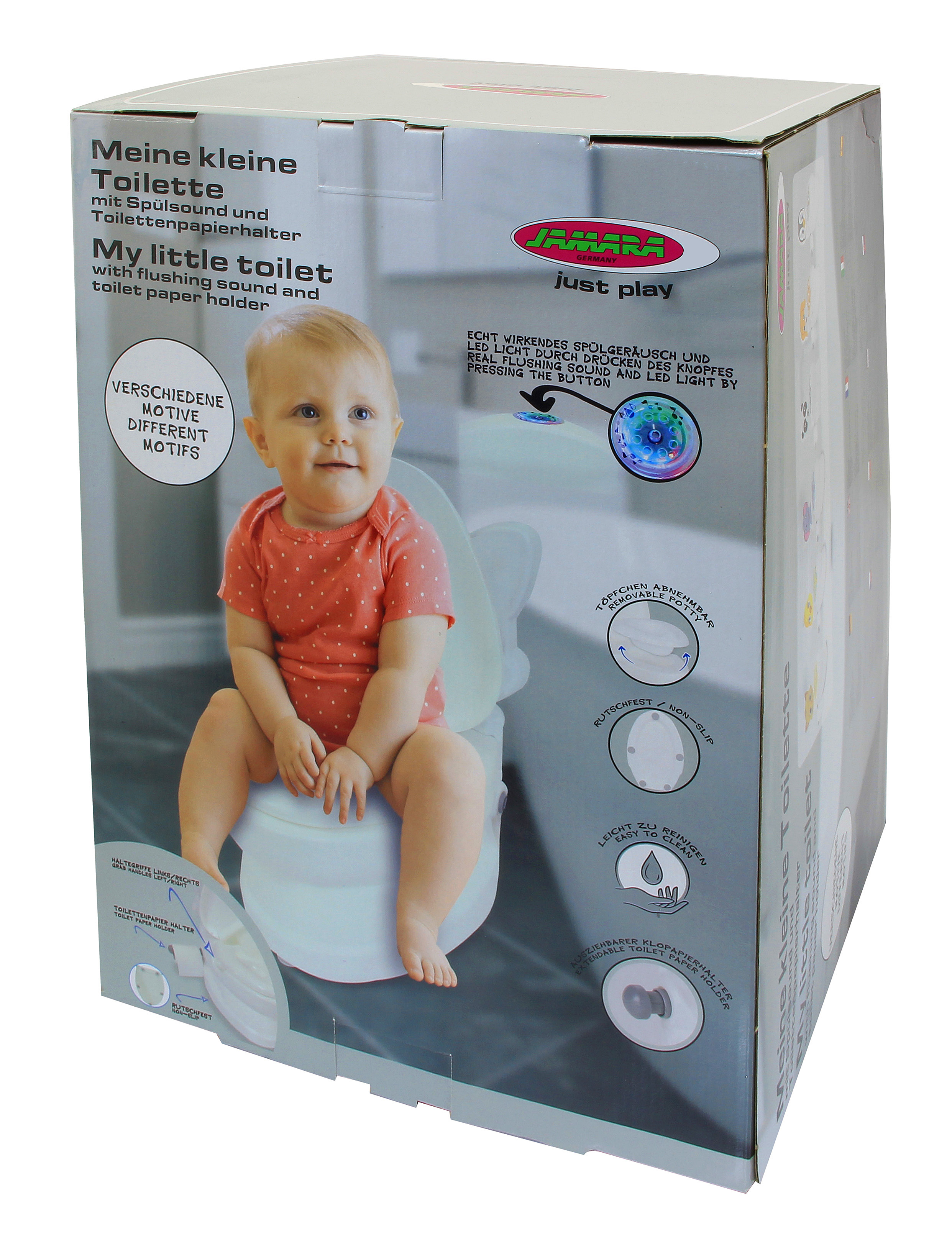 Baby sitzt auf einer Toilette mit Spülgeräusch und LED-Licht. Verpackung.