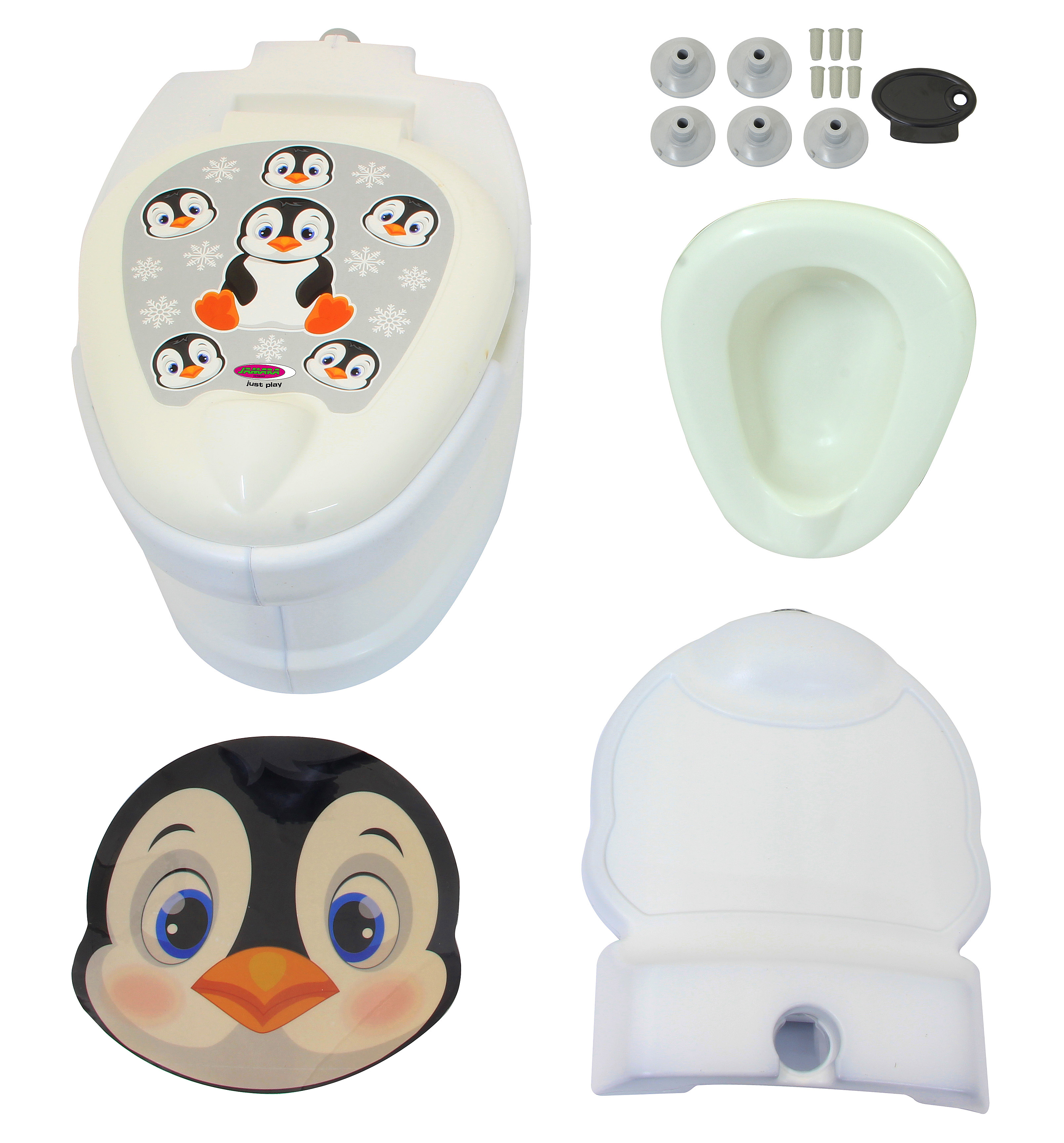 Ein weißer Töpfchenaufsatz mit Pinguinmotiven und Zubehör auf weißem Hintergrund.
