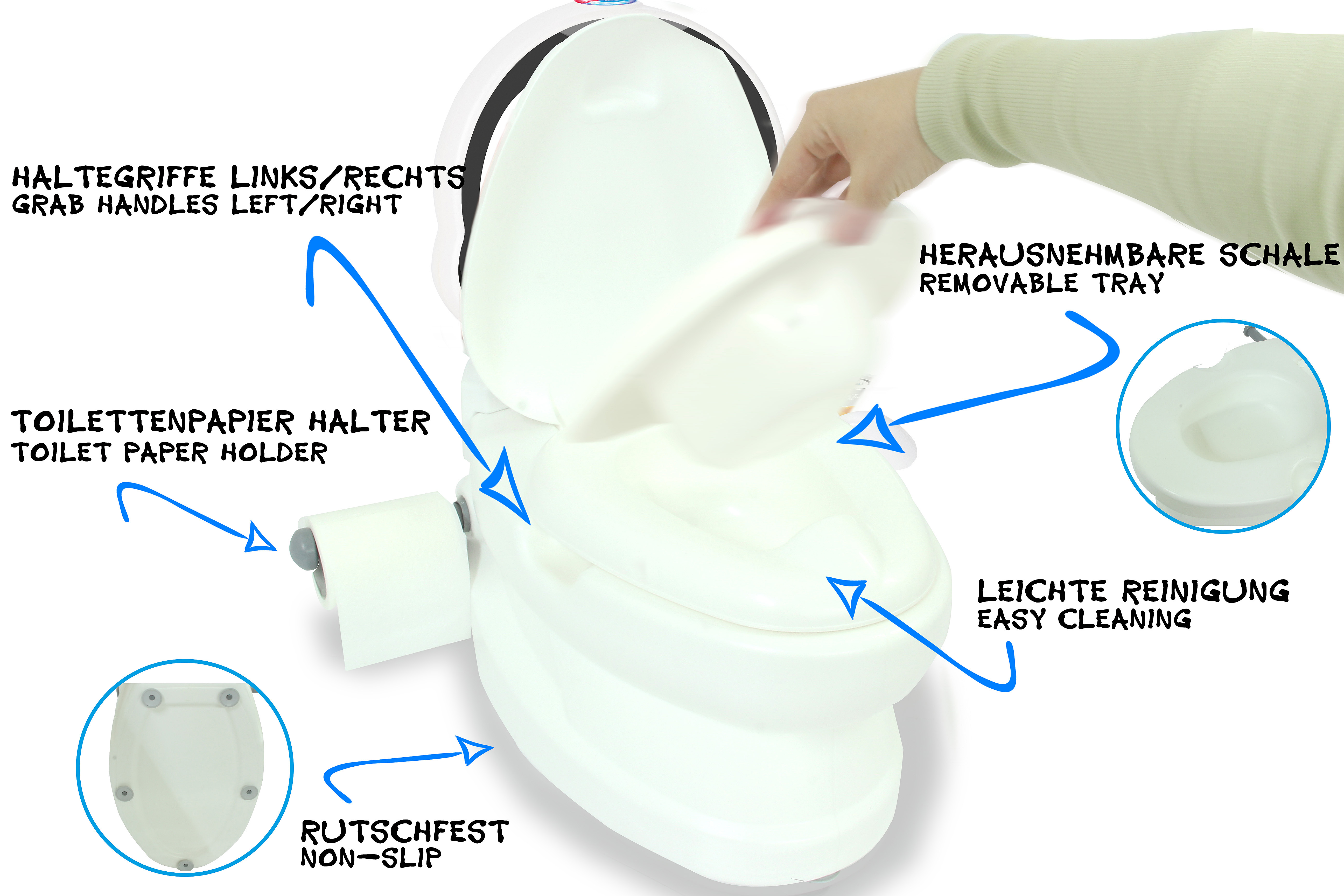 Ein weißes tragbares WC mit abnehmbarer Schale, Haltegriffen, Papierhalter und rutschfester Basis.