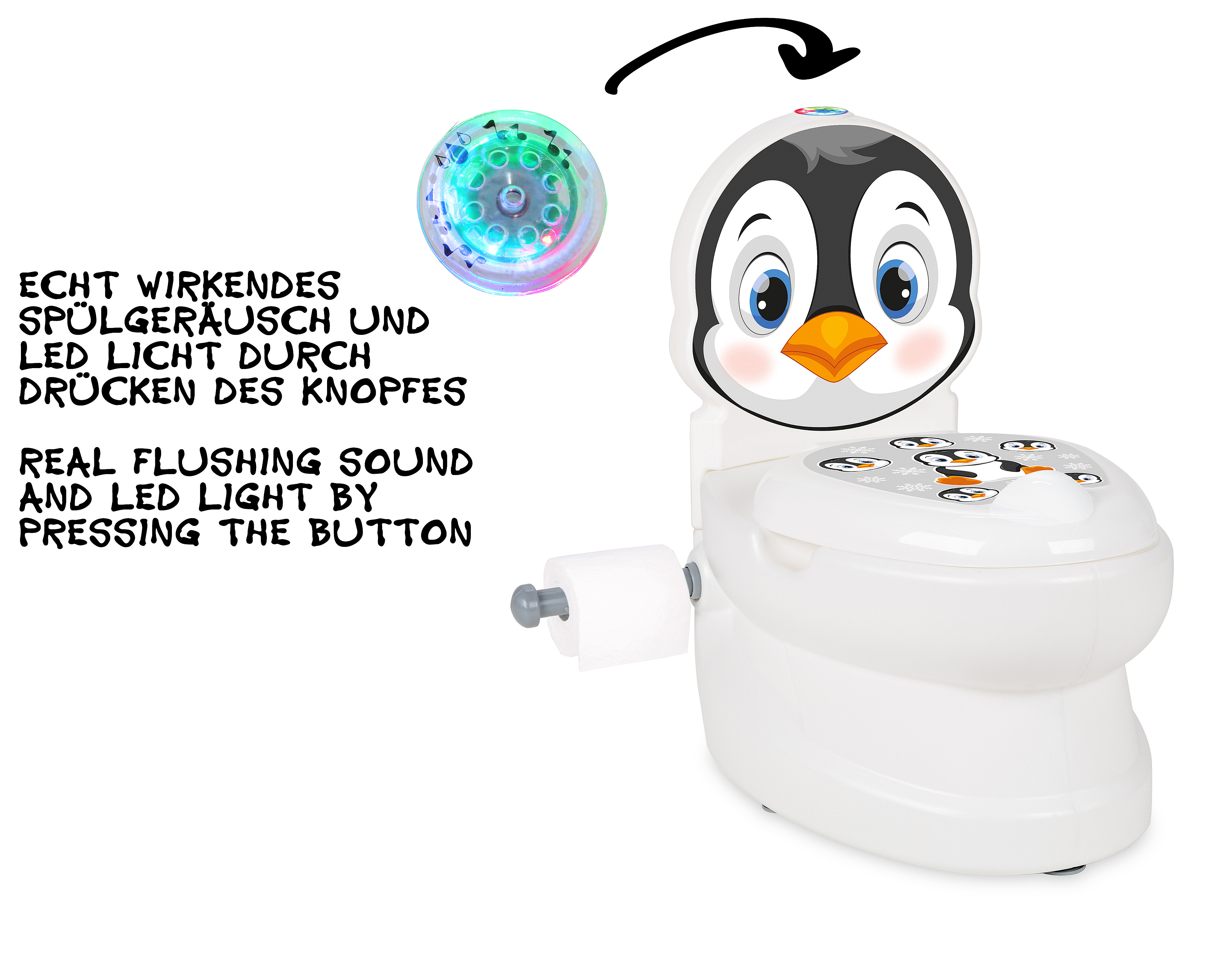 Ein weißes Kindertöpfchen mit Pinguin-Motiv und einer Rolle Toilettenpapier.