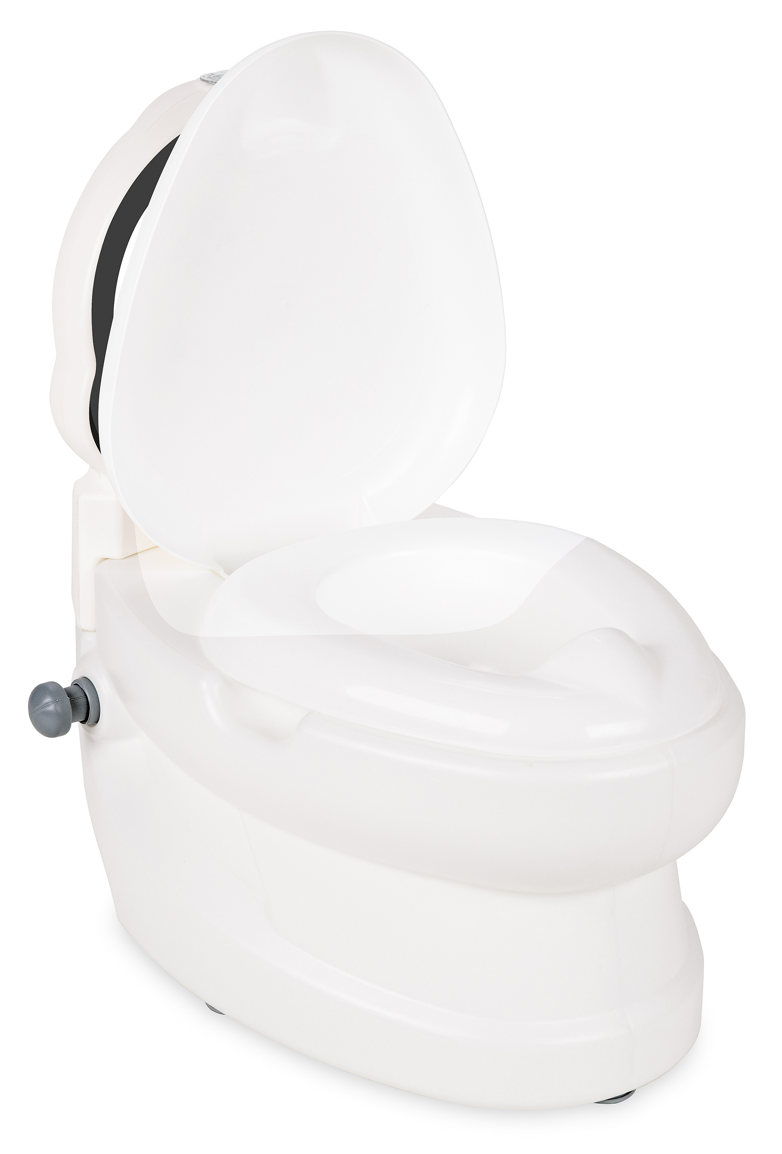 Ein weißer tragbarer Toilettensitz mit offenem Deckel und einem grauen Griff.