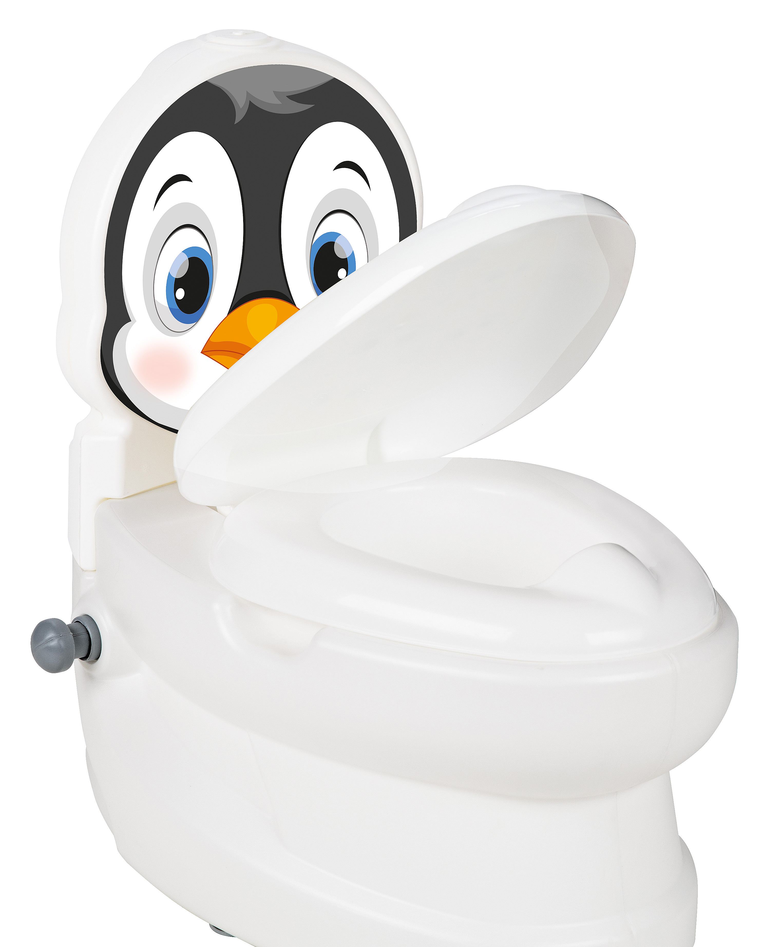 Ein weißer Kinder-Toilettenstuhl in Form eines Pinguins mit offenem Deckel.