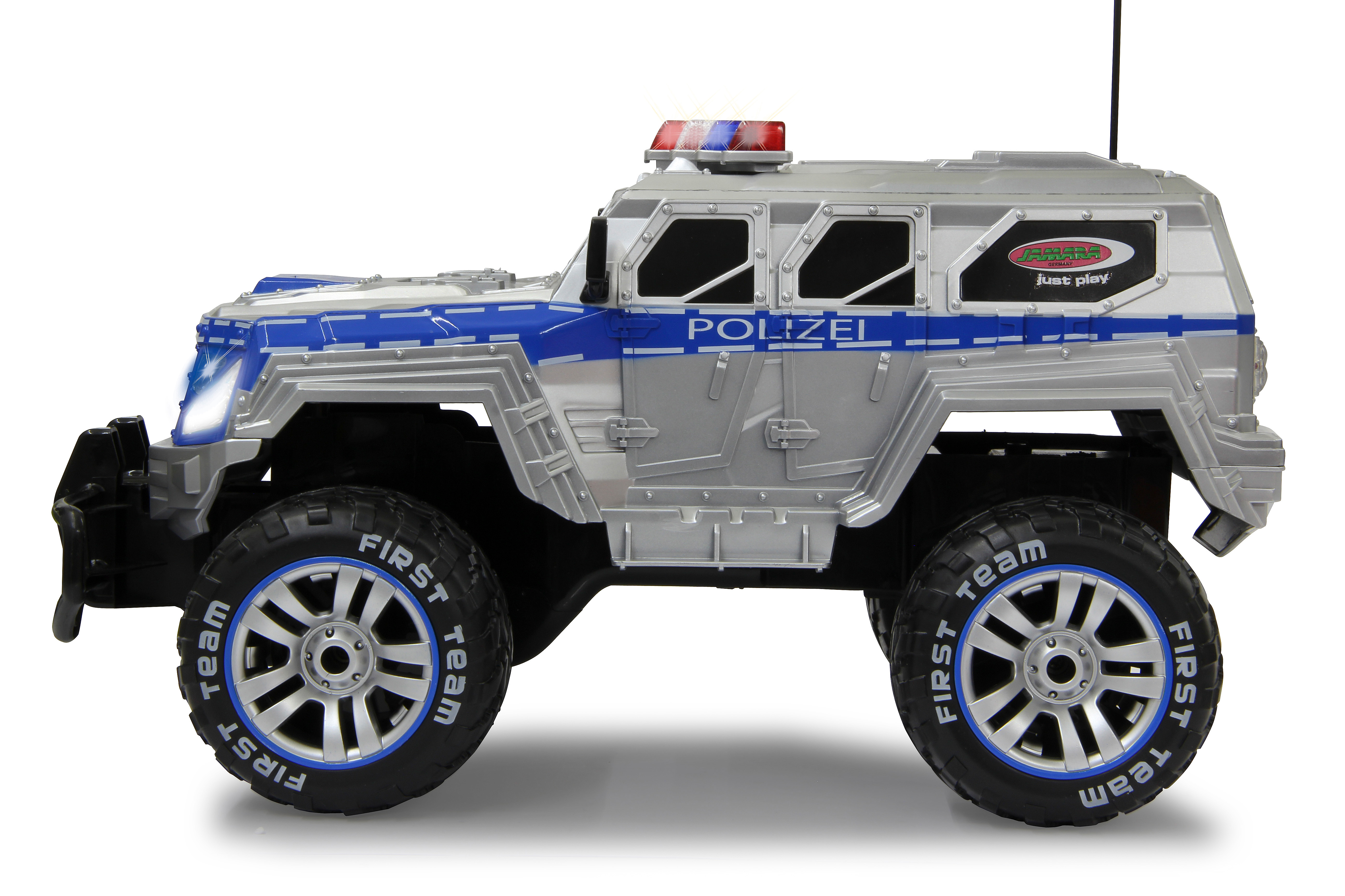 Silbernes Spielzeug-Polizei-SUV mit blauen Streifen, "POLIZEI"-Schriftzug, und Blinklichtern.
