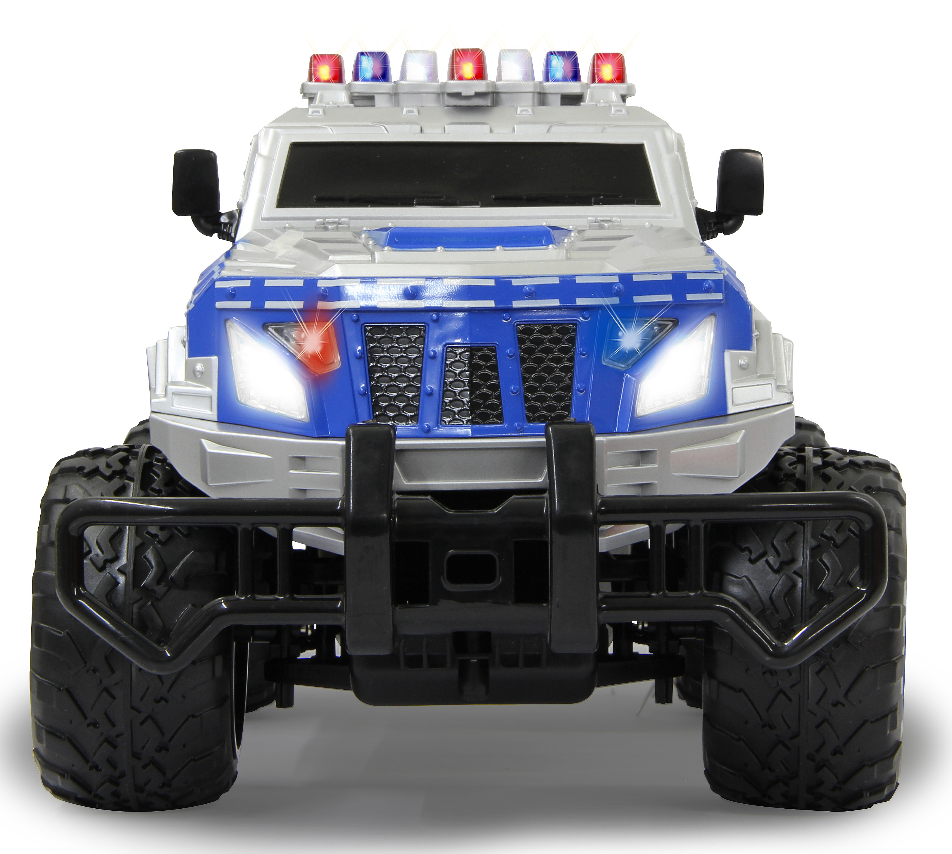 Ein Spielzeug-Polizeiauto mit blinkenden Lichtern und großen Reifen.