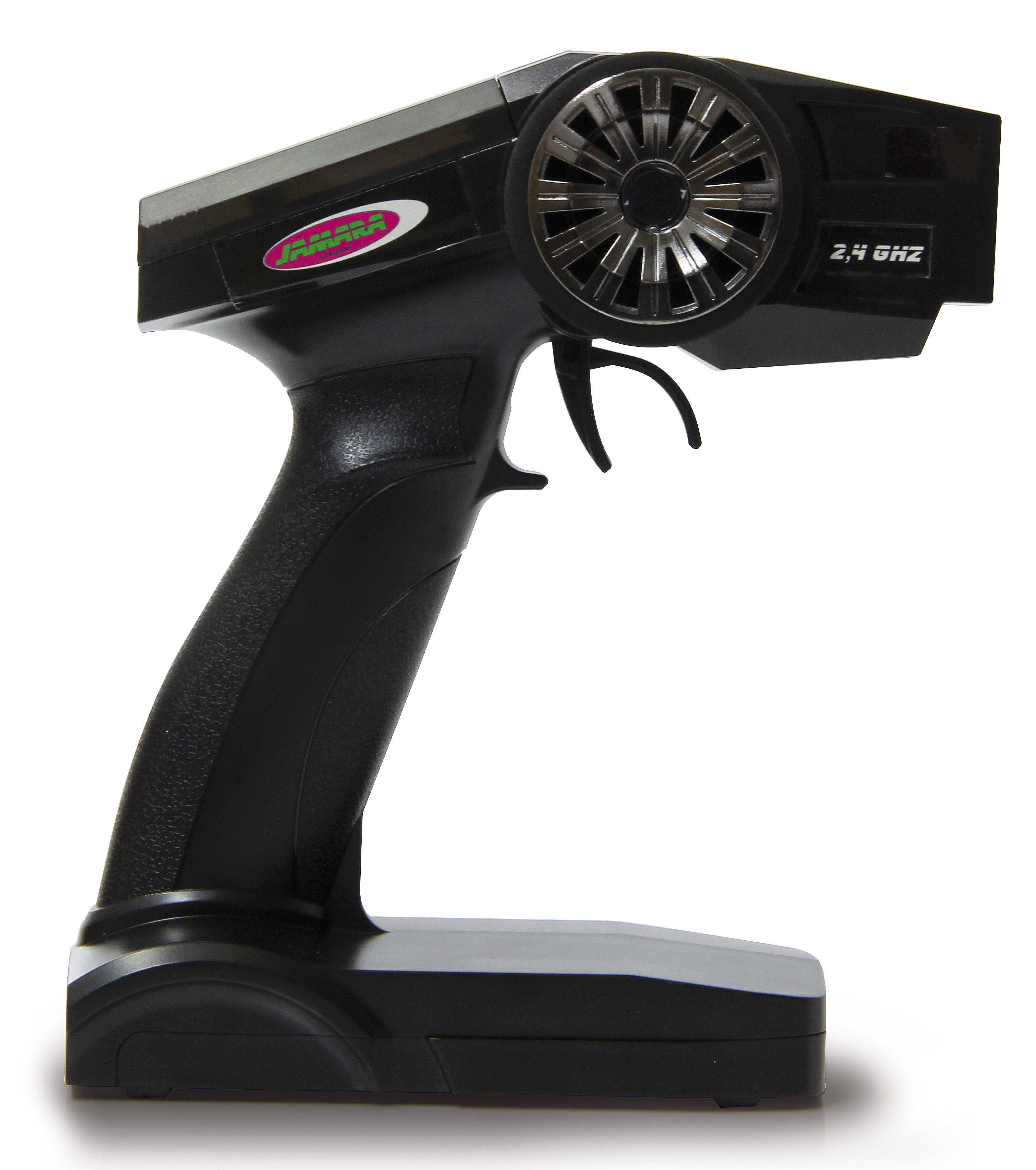Schwarzer RC-Sender mit Lenkrad und Abzug für 2,4 GHz.