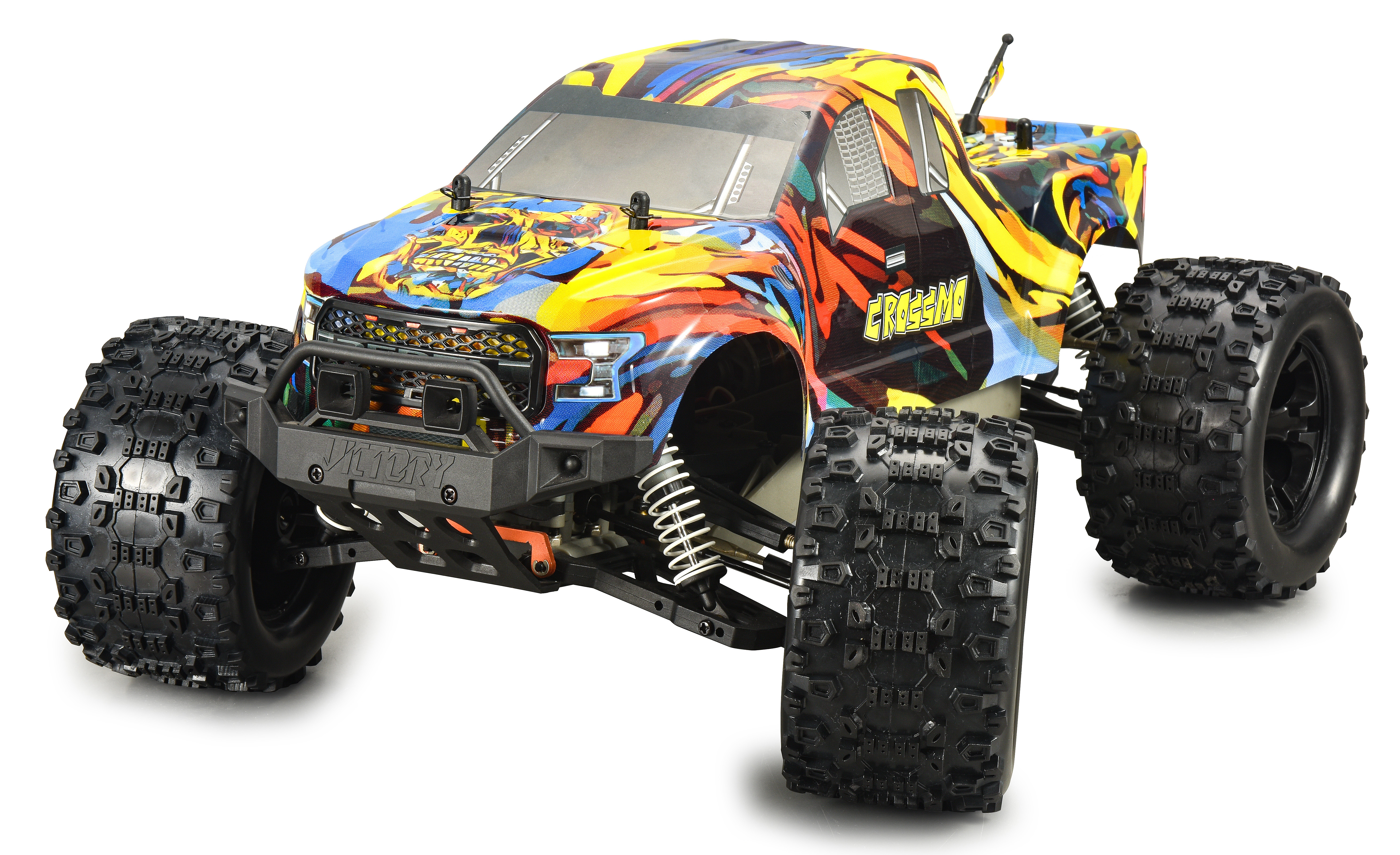 Ein geländegängiges RC-Auto mit bunten Graffiti-Aufklebern und großen Reifen.