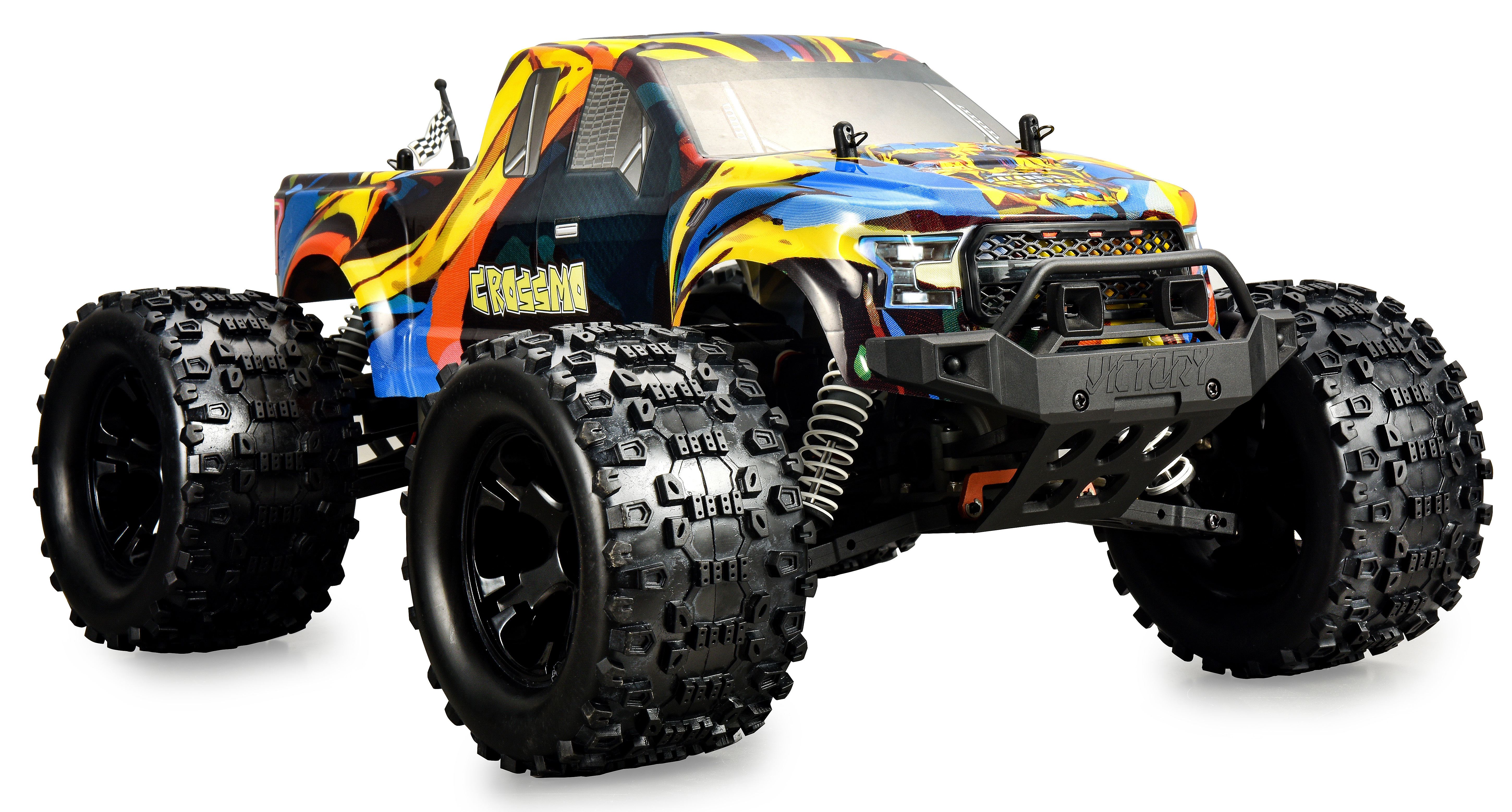 Bunter RC-Monster-Truck mit großen Reifen und Rennflagge.