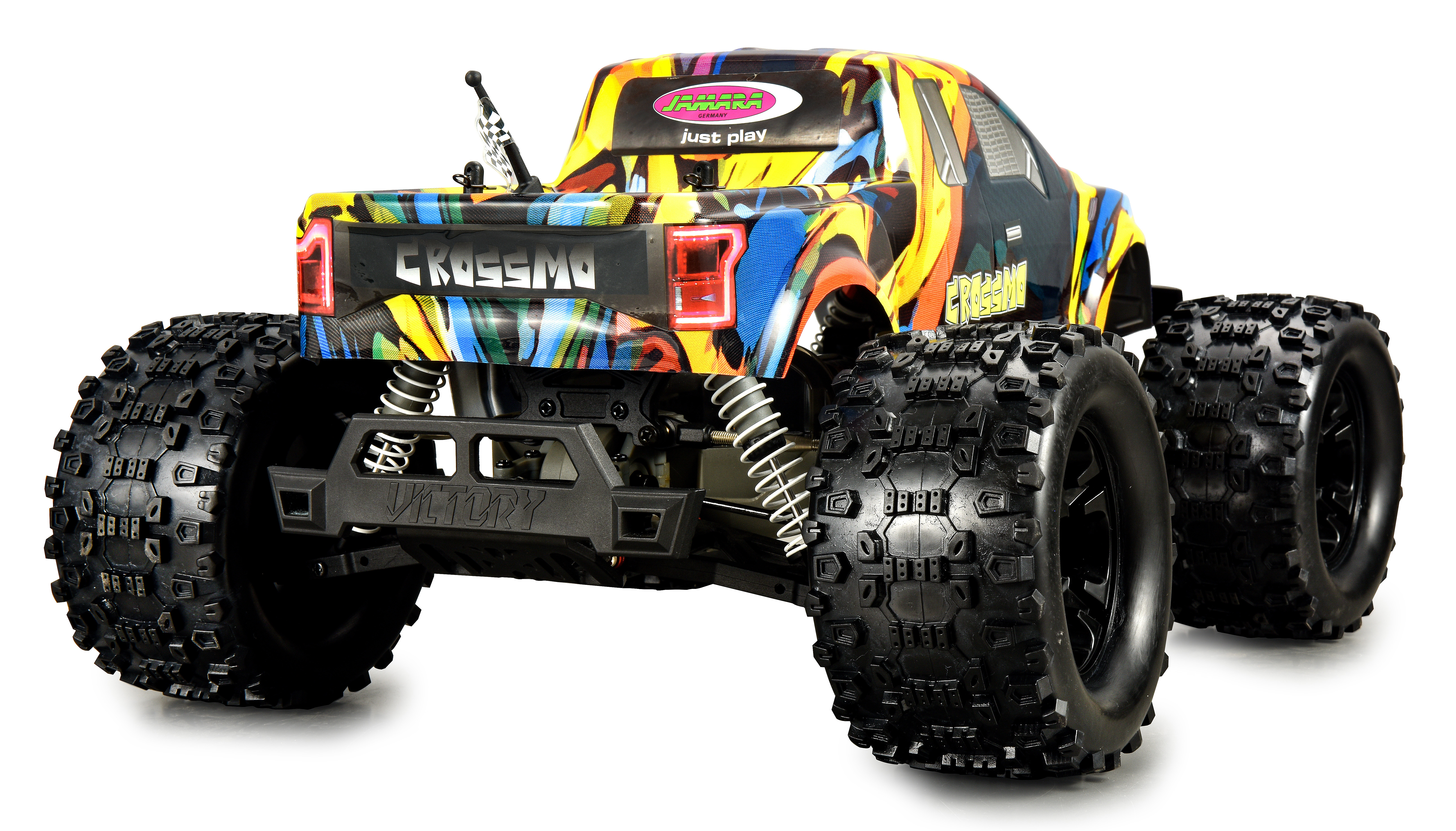 Ein bunt gestalteter RC-Monster-Truck mit großen Reifen und offenem Fahrgestell.