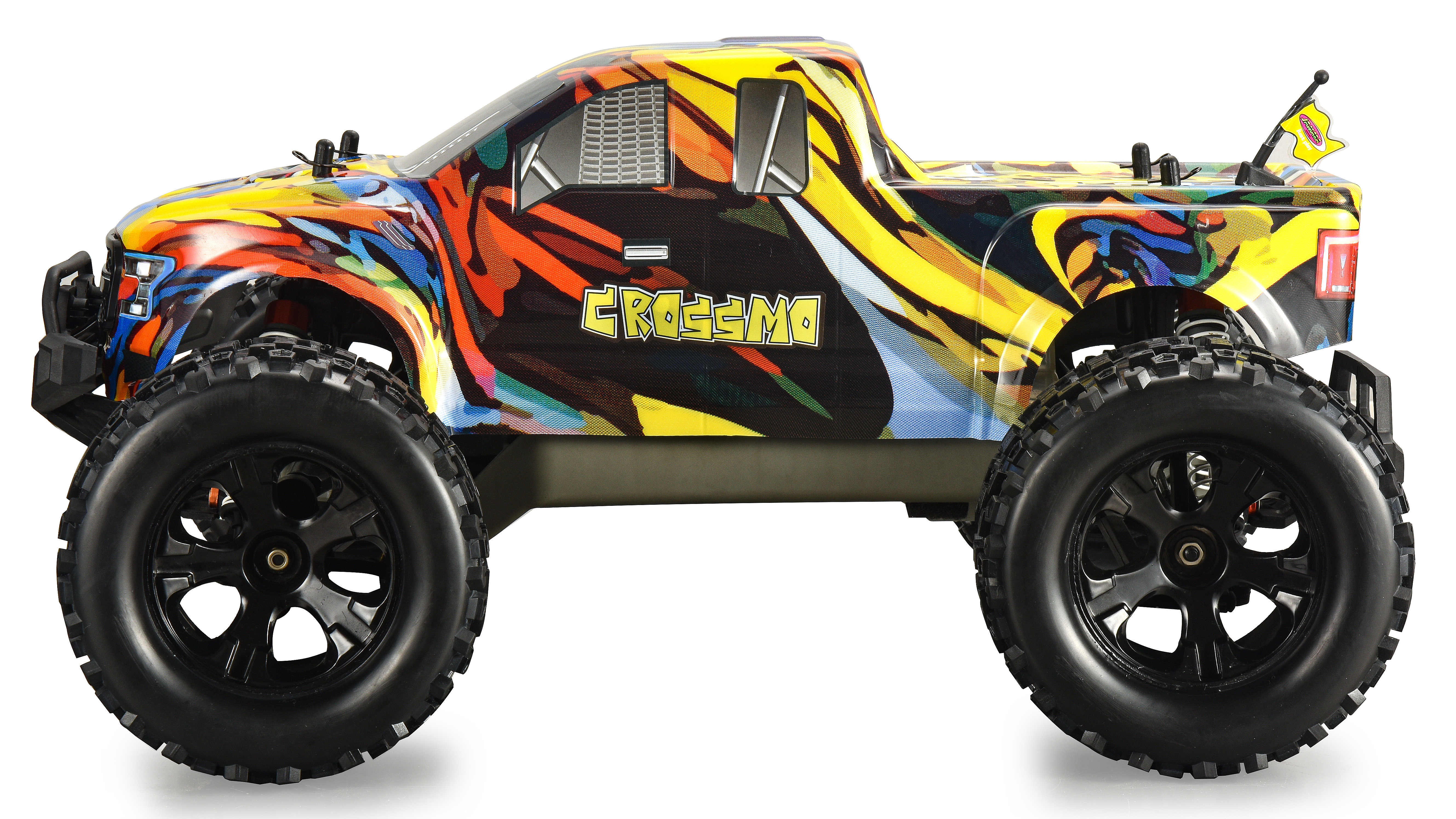 Ein bunter Monstertruck mit Graffiti-Design und großen Reifen.