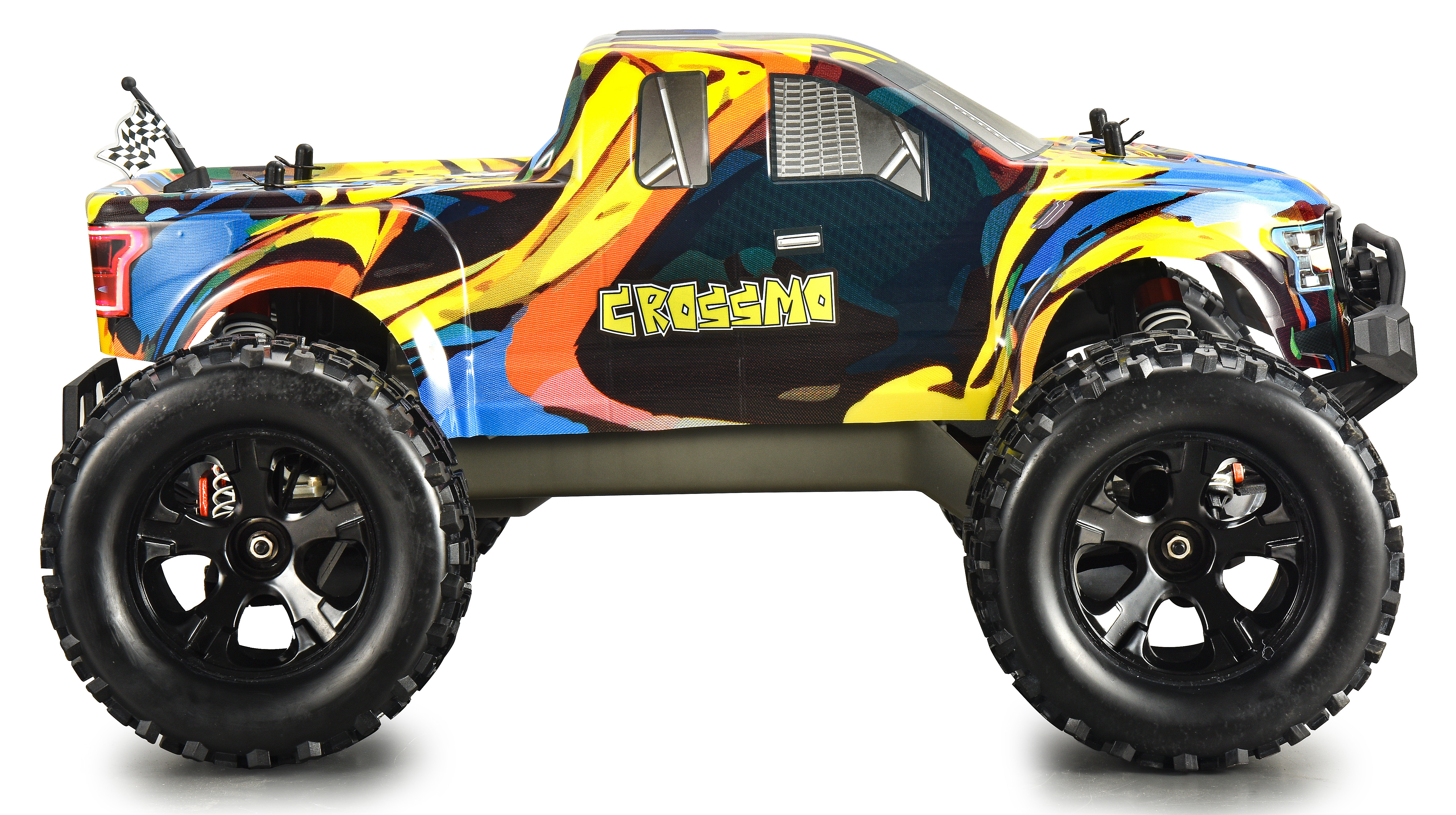 Ein bunter RC-Monster-Truck mit Graffiti-Design und Rennflagge.