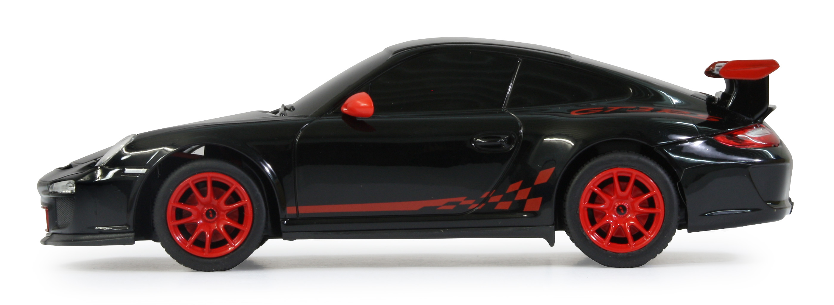 Schwarzes Spielzeugauto mit roten Felgen, Spoiler und Rennstreifen.