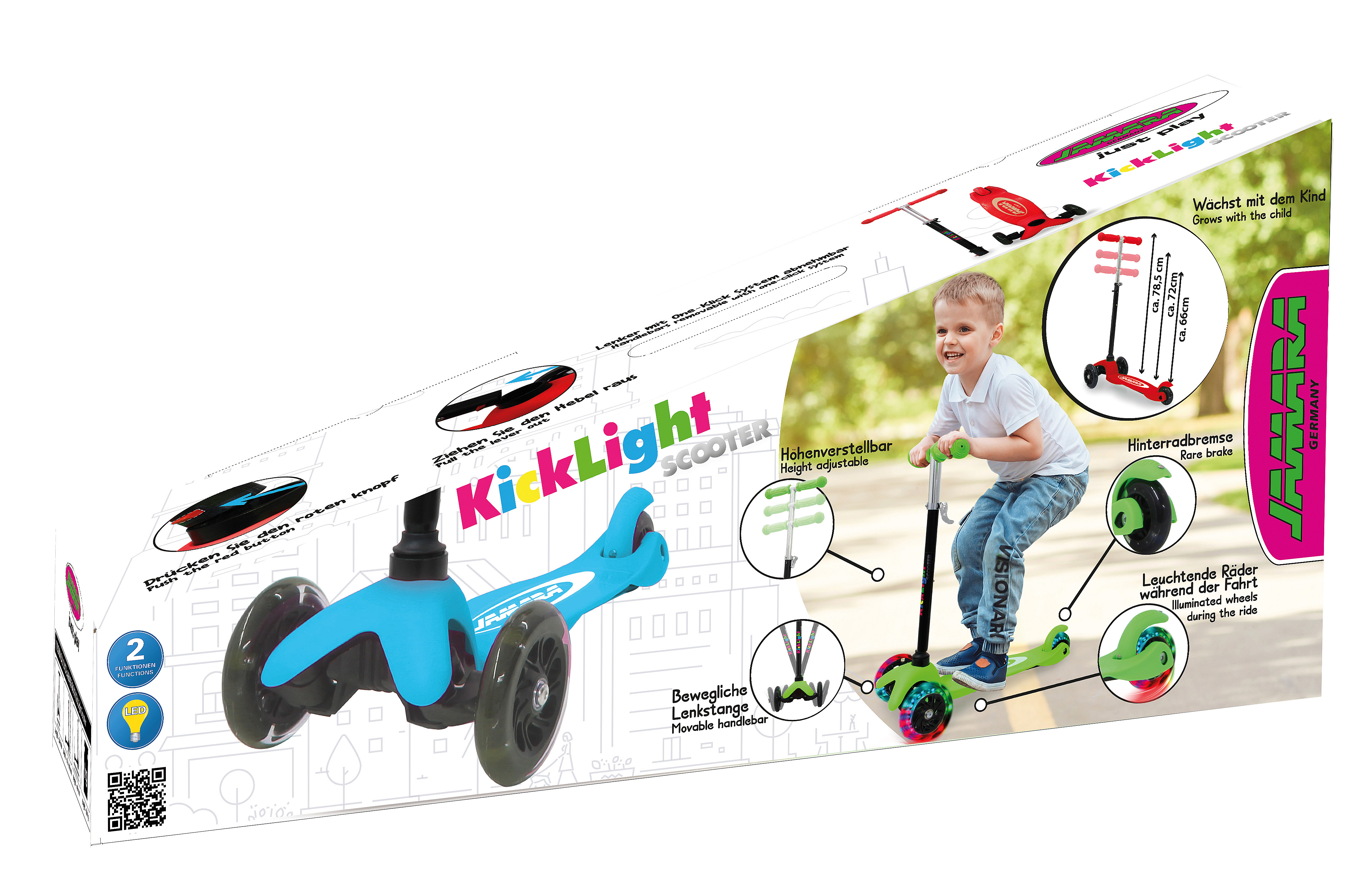 Ein Junge fährt einen dreirädrigen Roller mit leuchtenden Rädern. Die Verpackung zeigt Details.
