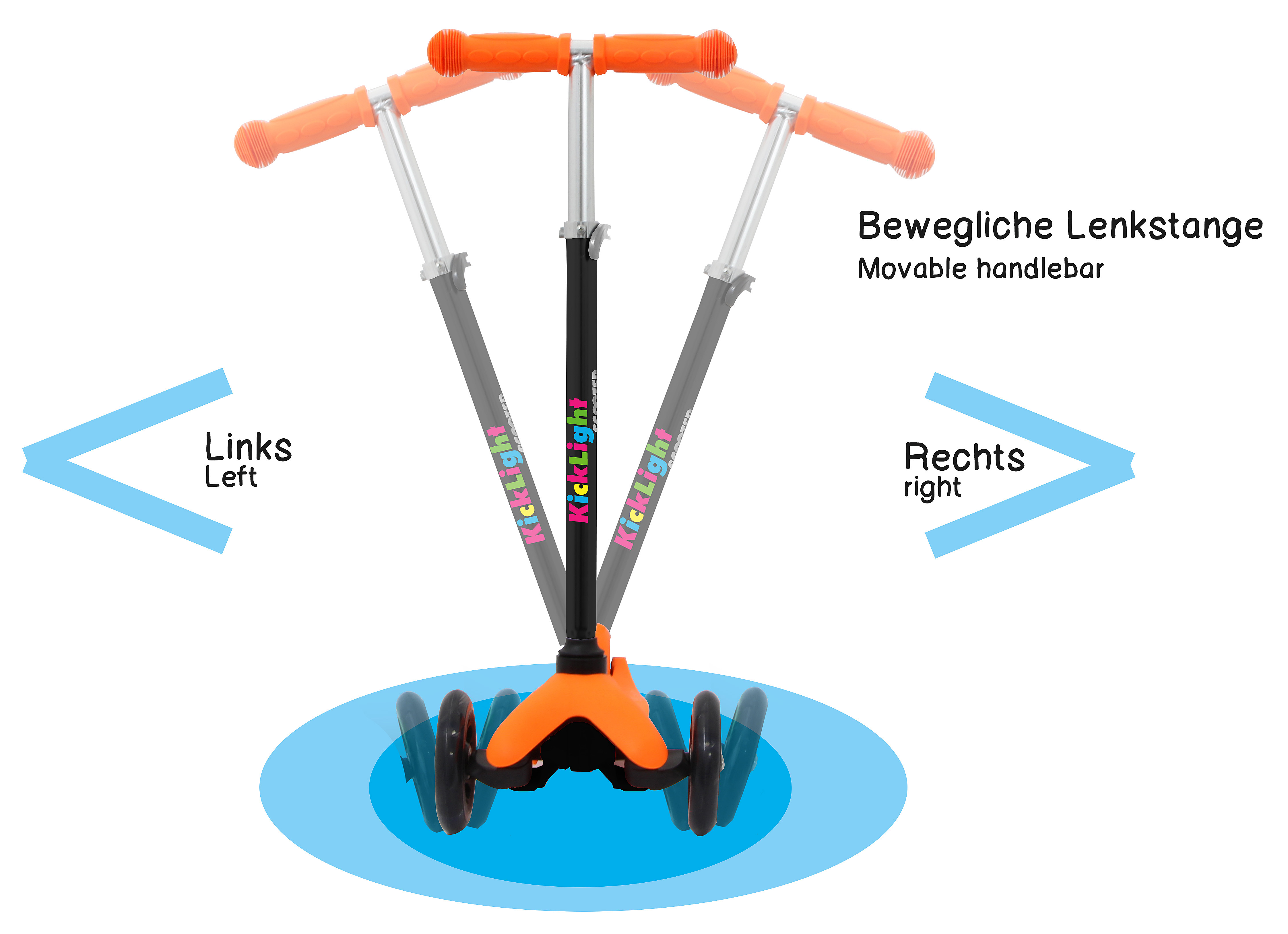 Dreiradroller mit beweglicher Lenkstange und orangen Griffen.