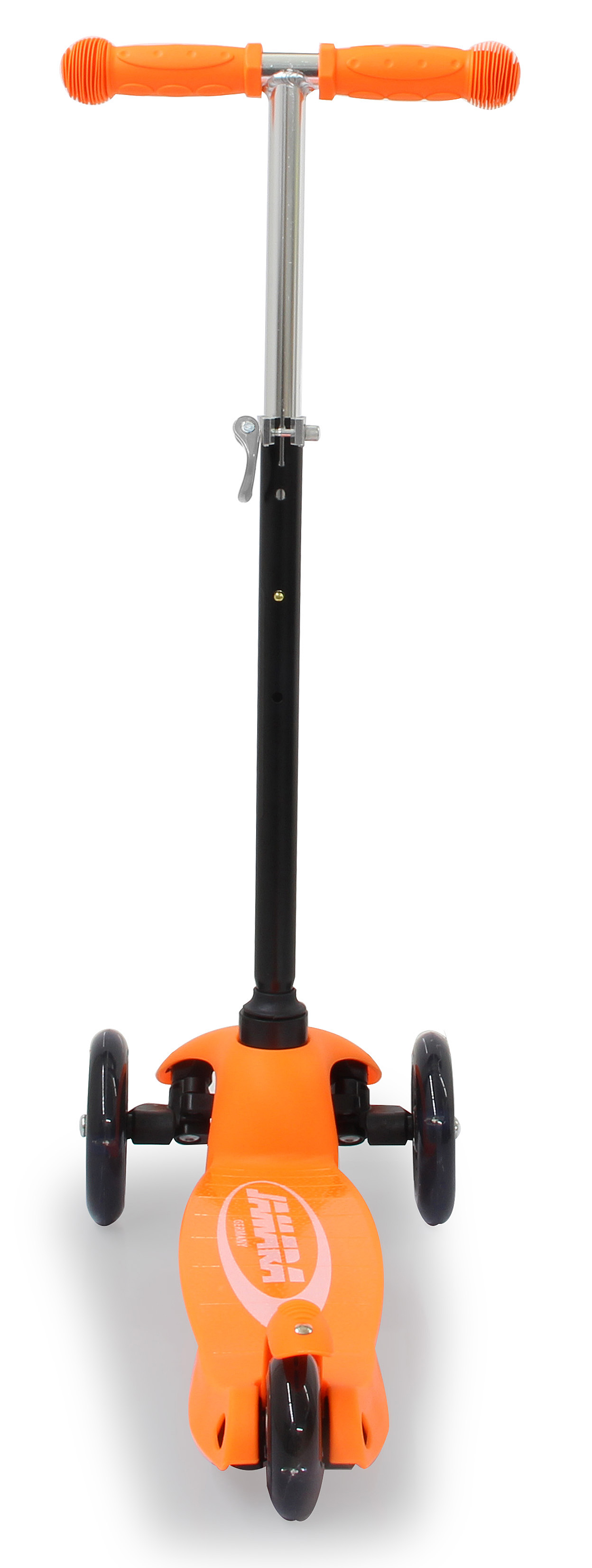Ein orangefarbener Dreiradroller mit silbernem Lenker und schwarzen Griffen.