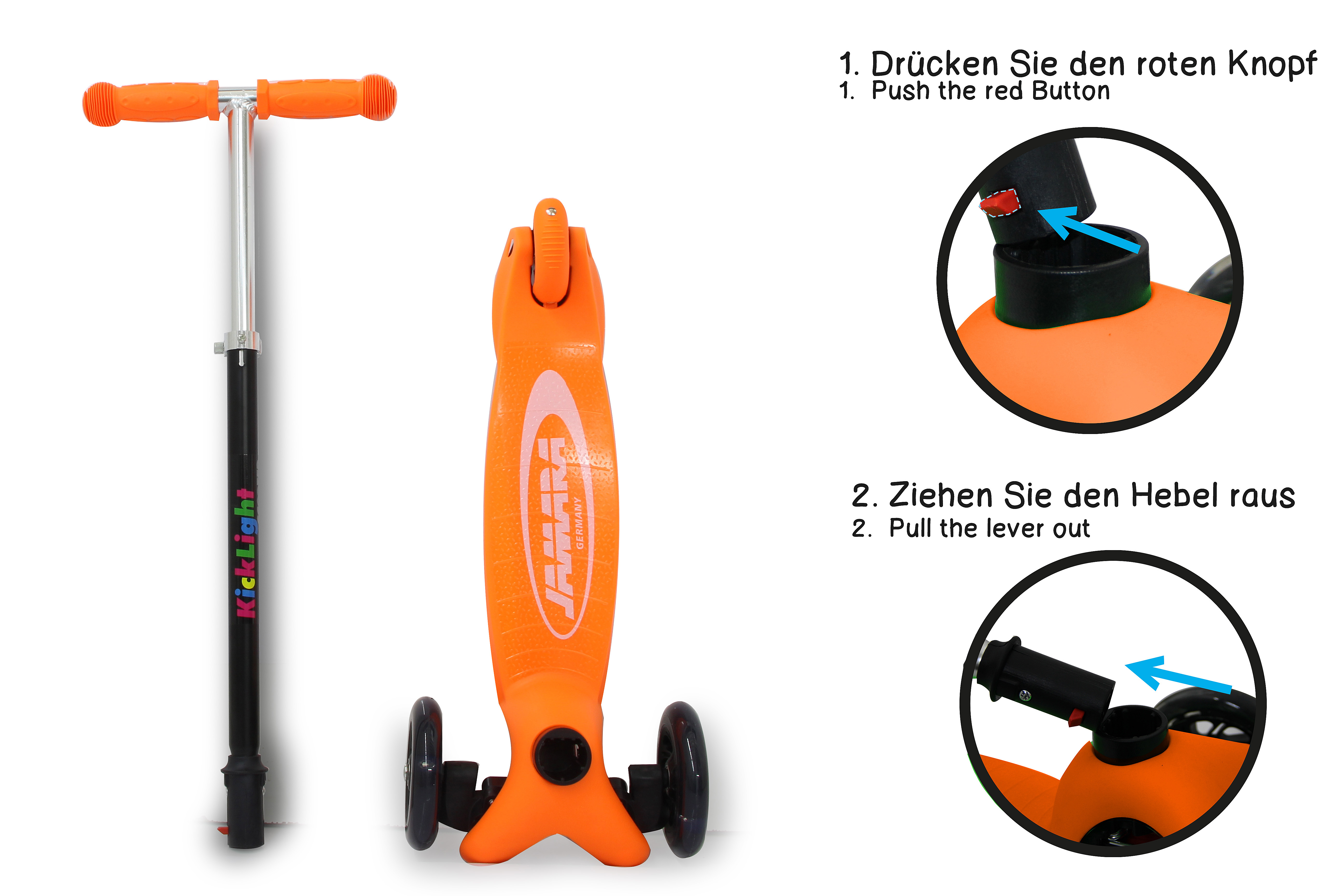 Ein orangefarbener Roller mit drei Rädern und Anleitungen zum Zusammenklappen.