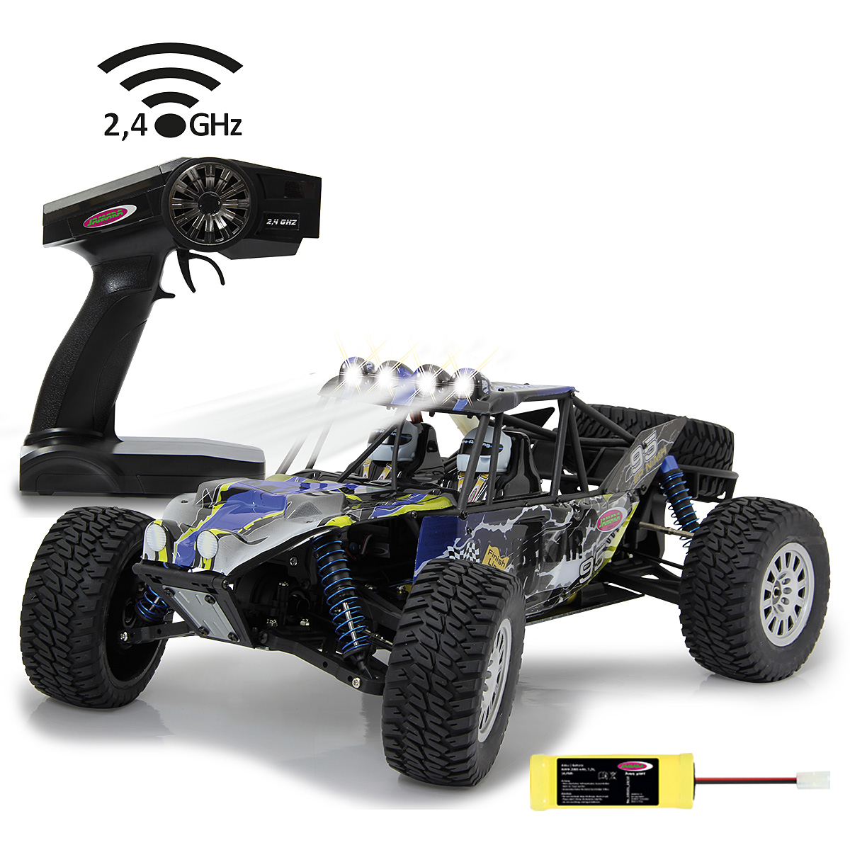 Ein ferngesteuertes Auto mit Fernbedienung und Akku, 2,4 GHz.