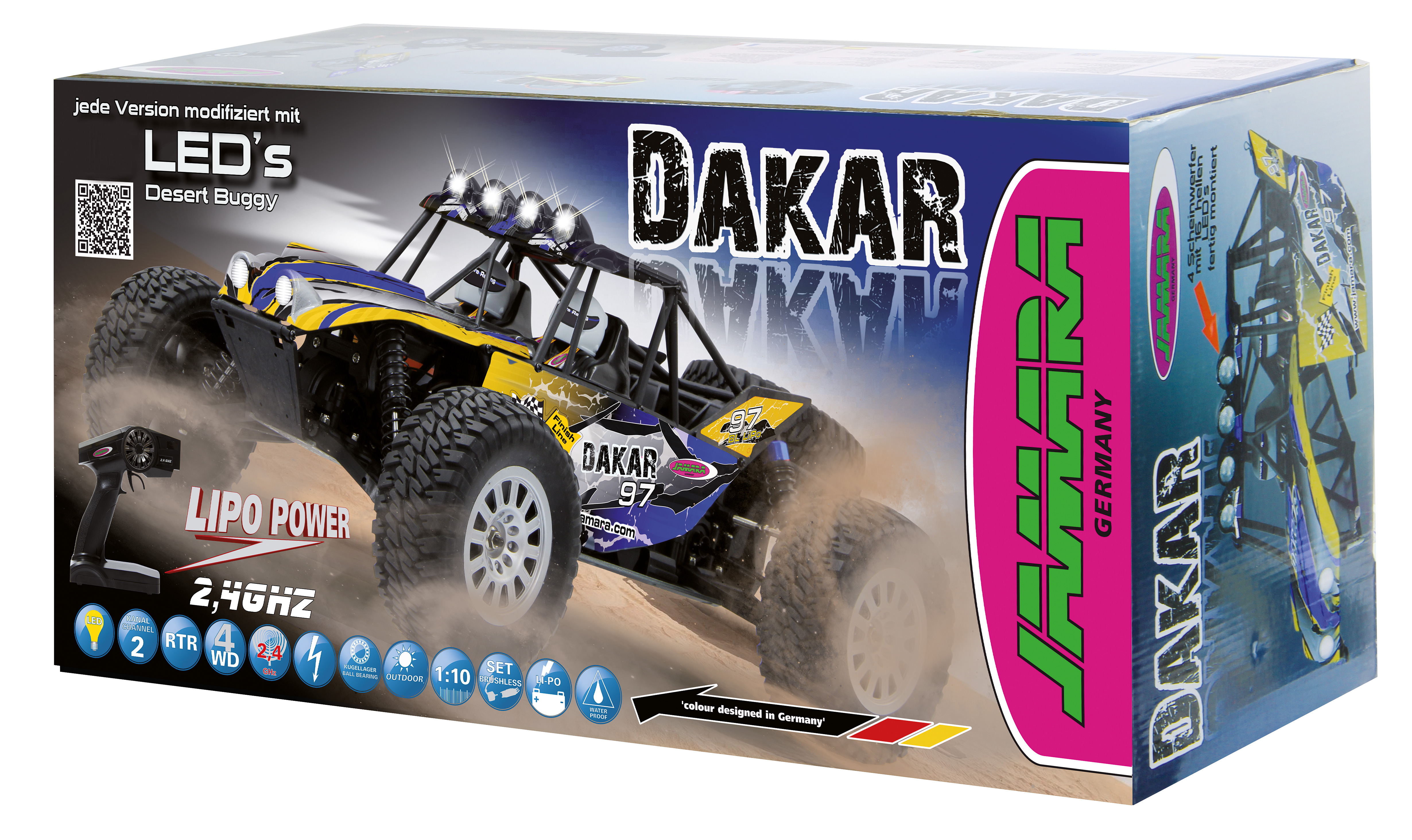 Verpackung eines gelben und blauen RC-Buggy mit Aufschrift 'DAKAR', Staub aufgewirbelt.